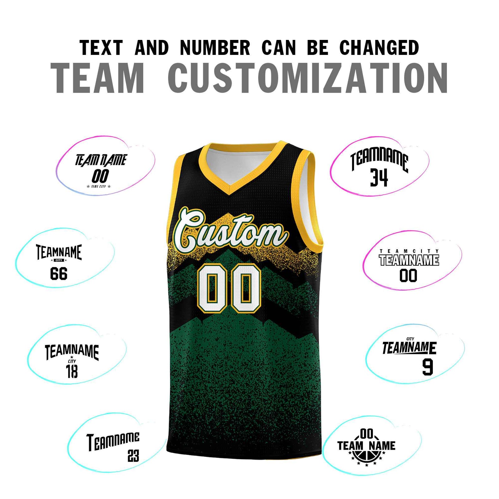 Custom Youth Basketball Jerseys Black Green Gradient Mountain Design Uniforms