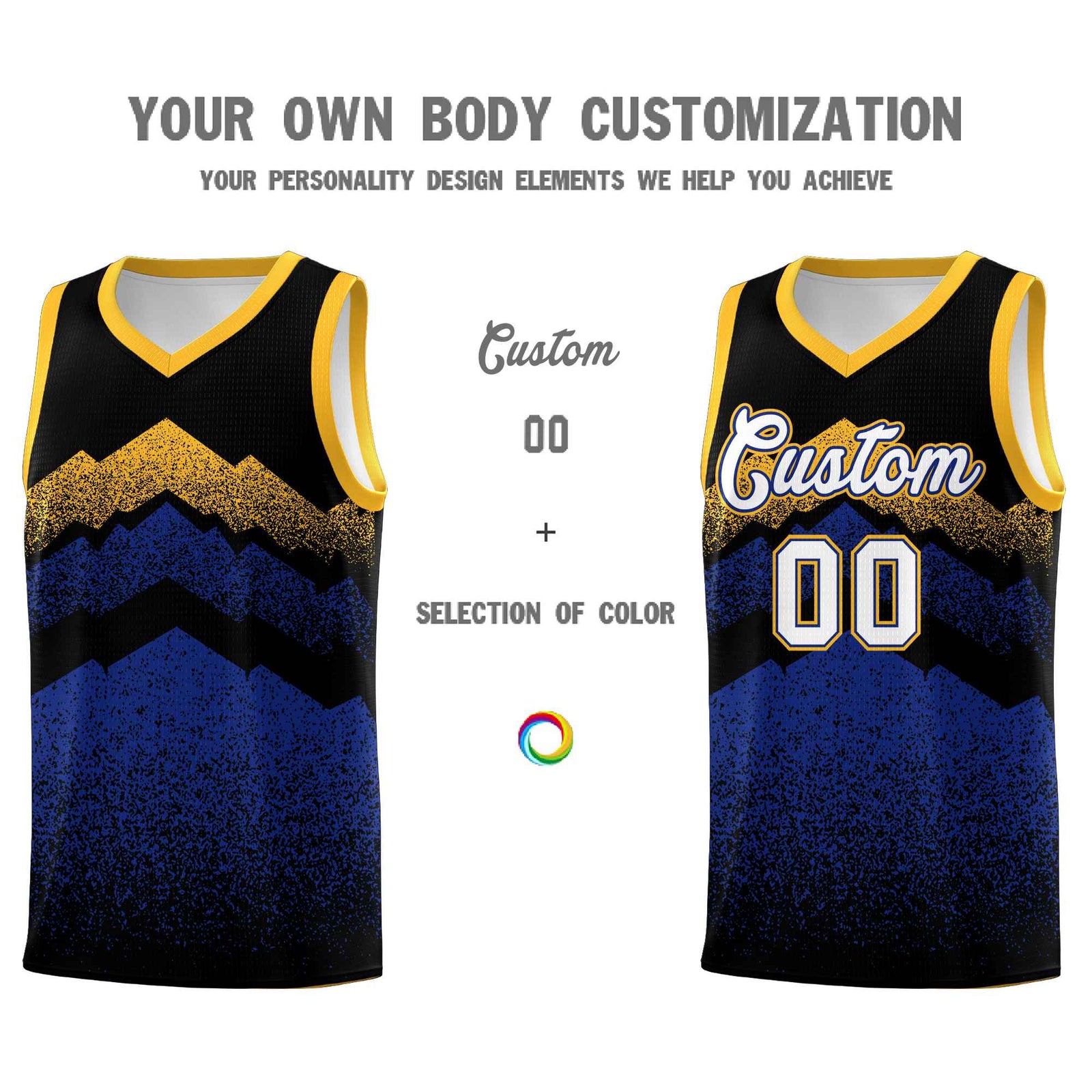 Personalized Youth Basketball Jerseys Black Royal Gradient Mountain Design Uniforms