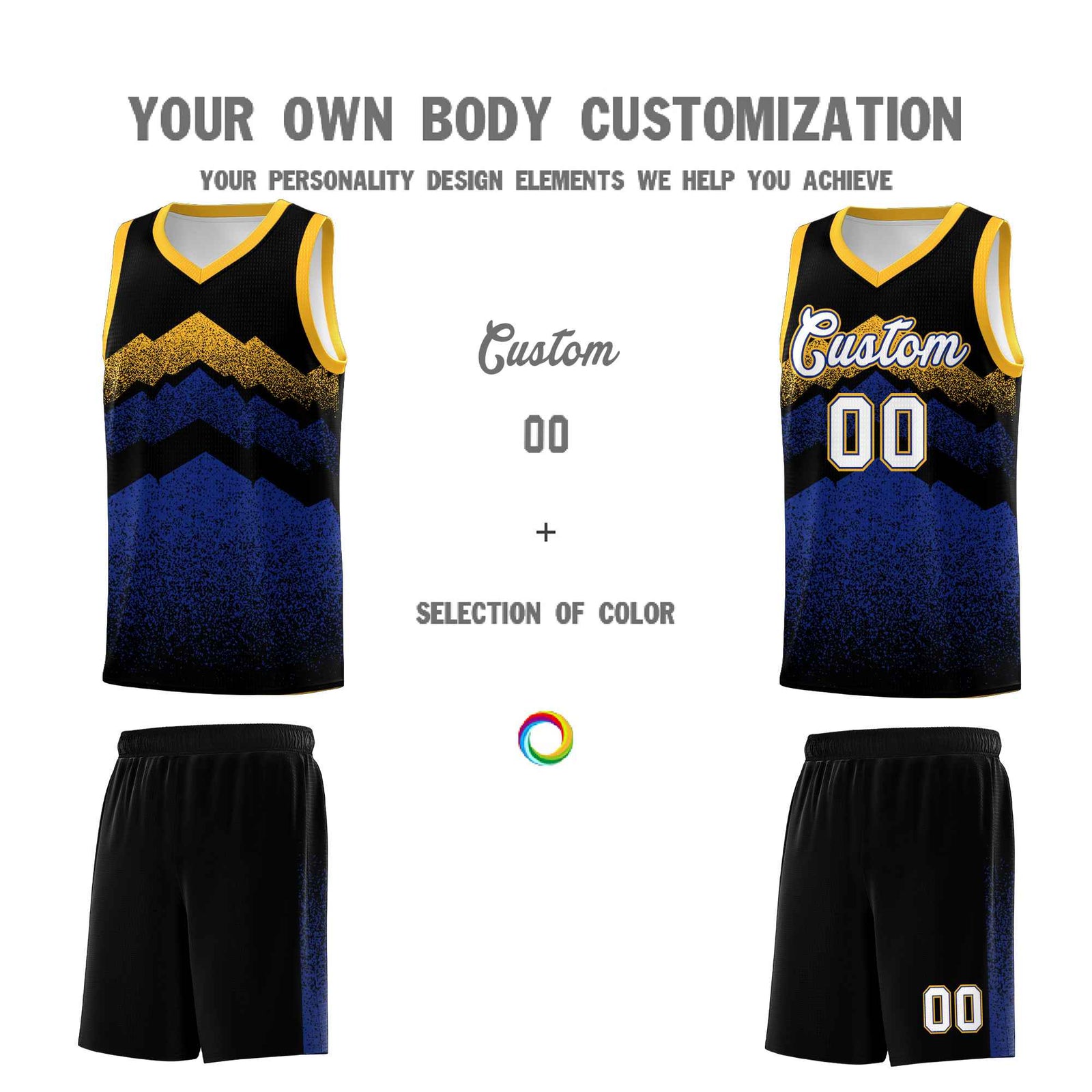 Personalized Youth Basketball Jerseys Black Royal Gradient Mountain Design Uniforms