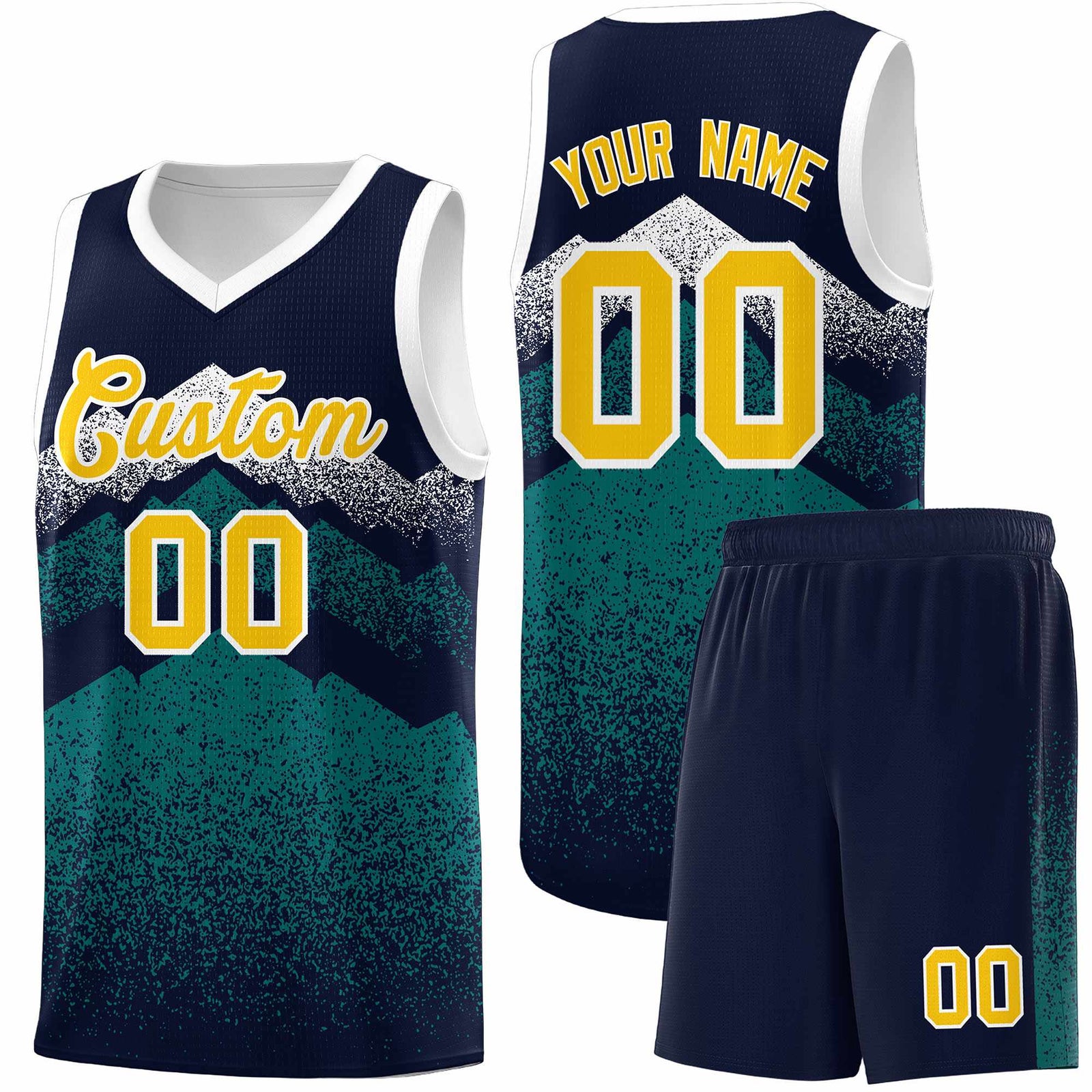 Custom Youth Basketball Jerseys Navy Teal Gradient Mountain Design Uniforms