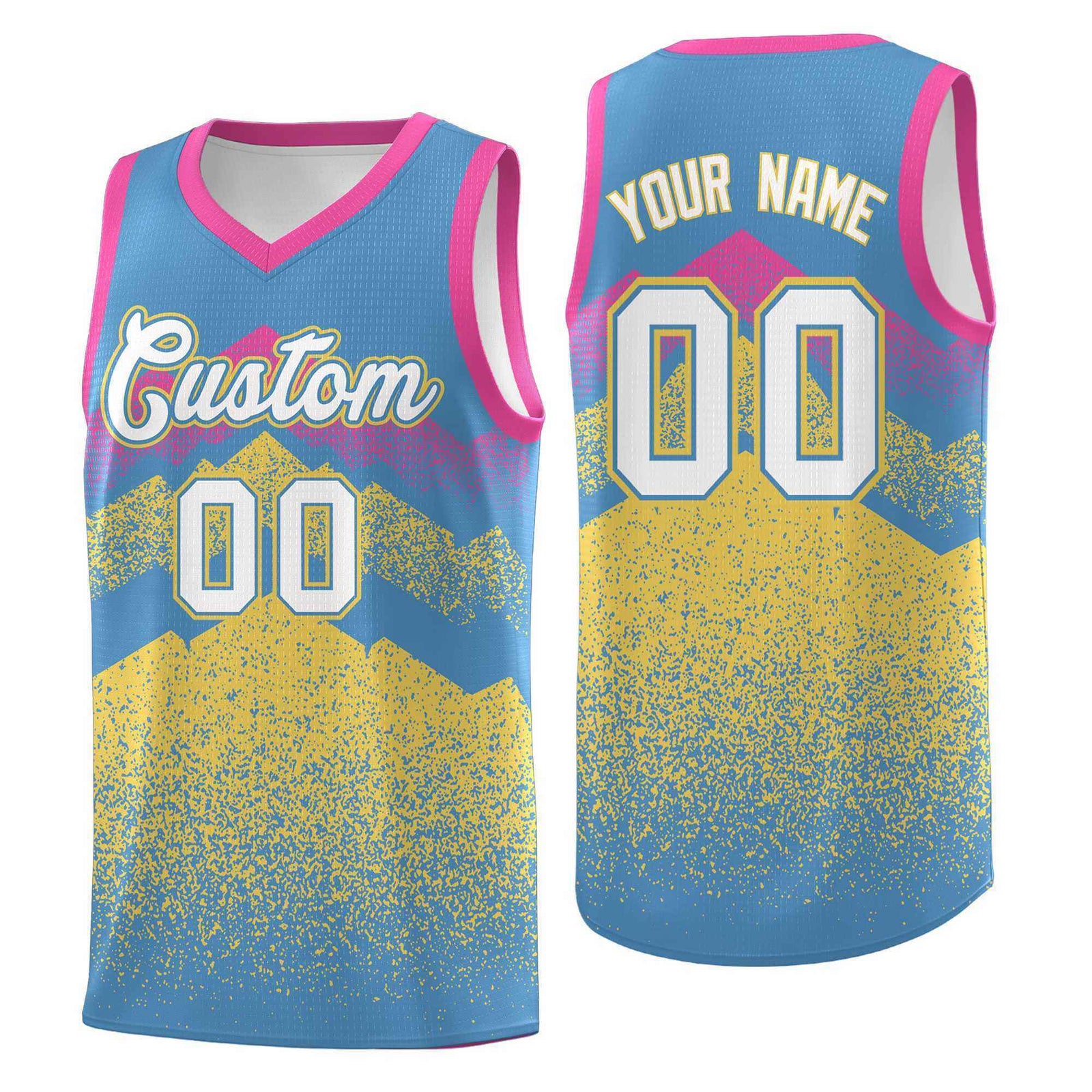 Personalized Youth Basketball Jerseys Light Blue Khaki Gradient Mountain Design Uniforms