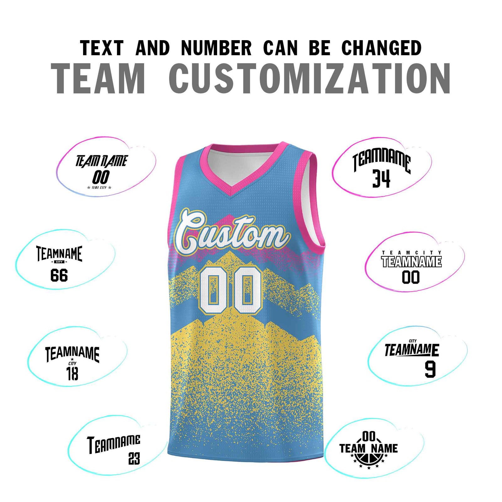 Personalized Youth Basketball Jerseys Light Blue Khaki Gradient Mountain Design Uniforms