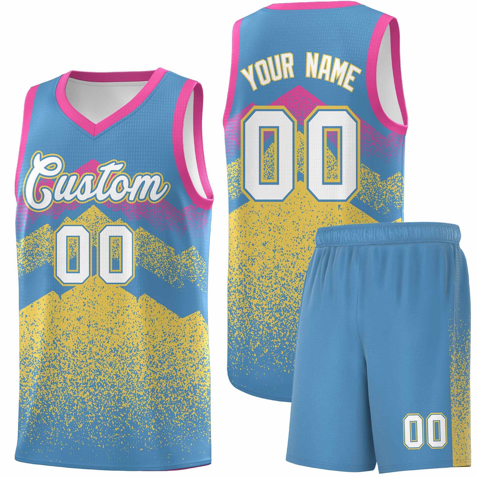 Personalized Youth Basketball Jerseys Light Blue Khaki Gradient Mountain Design Uniforms