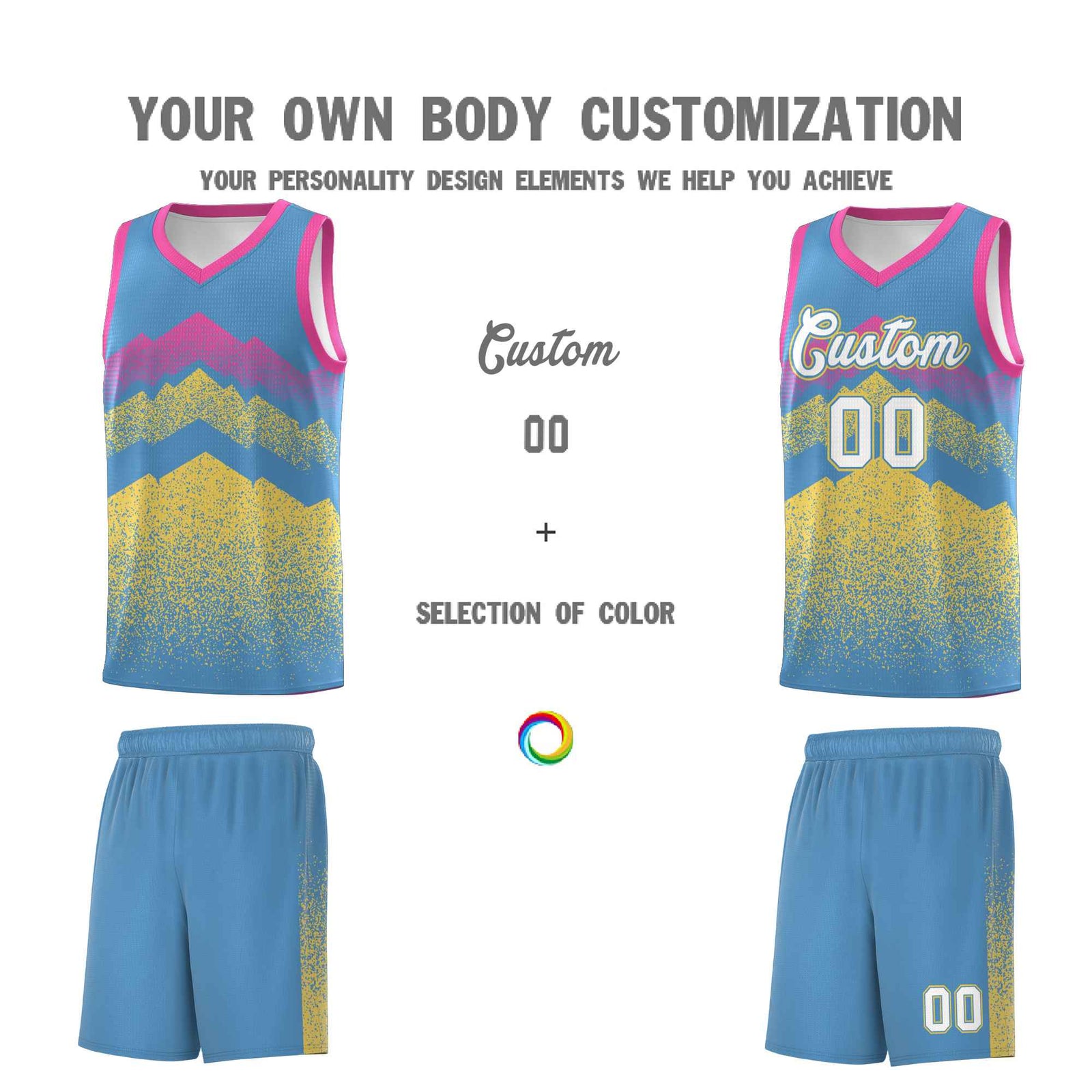 Personalized Youth Basketball Jerseys Light Blue Khaki Gradient Mountain Design Uniforms