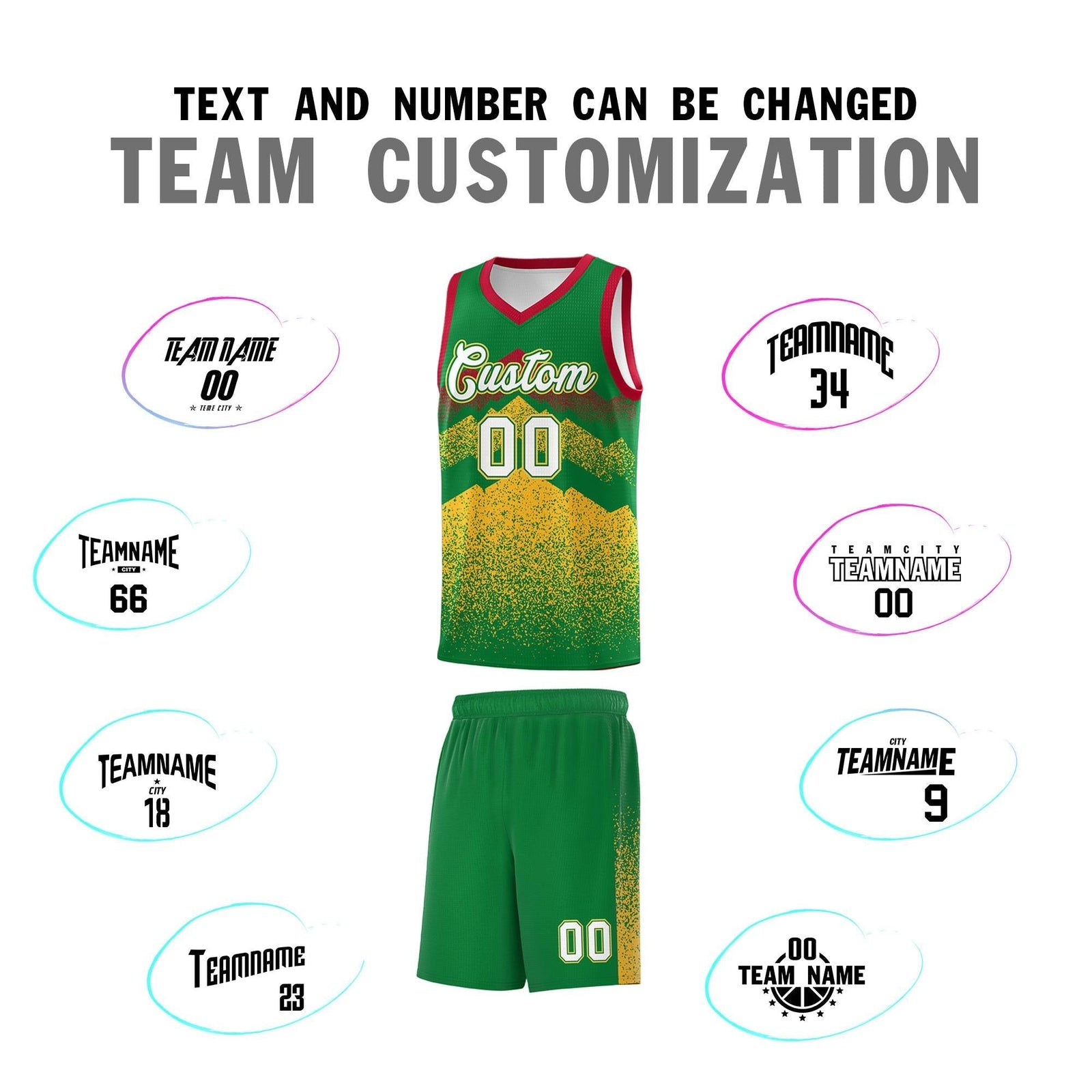 Custom Youth Basketball Jerseys Kelly Green Gold Gradient Mountain Design Uniforms