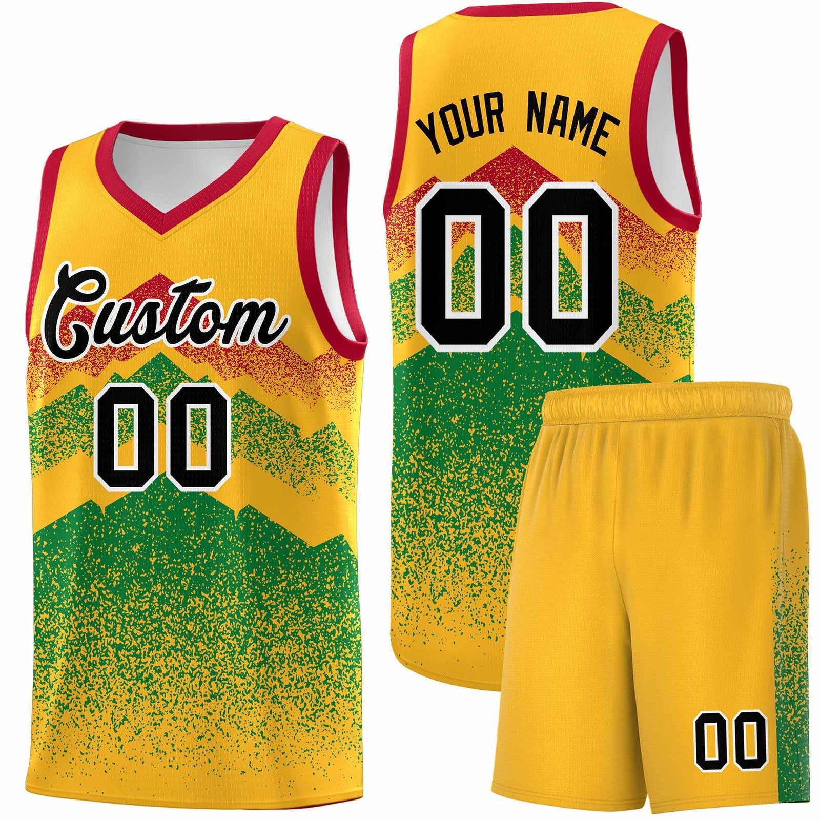 Personalized Youth Basketball Jerseys Gold Kelly Green Gradient Mountain Design Uniforms