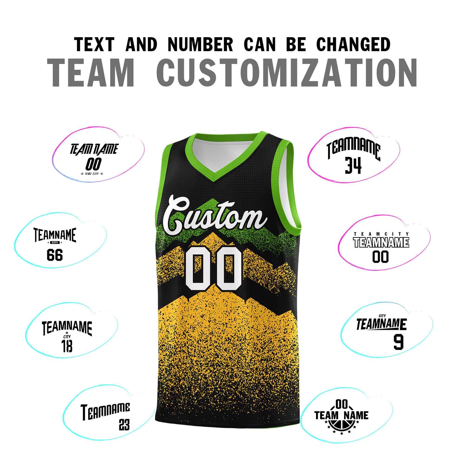 Personalized Youth Basketball Jerseys Black Gold Gradient Mountain Design Uniforms