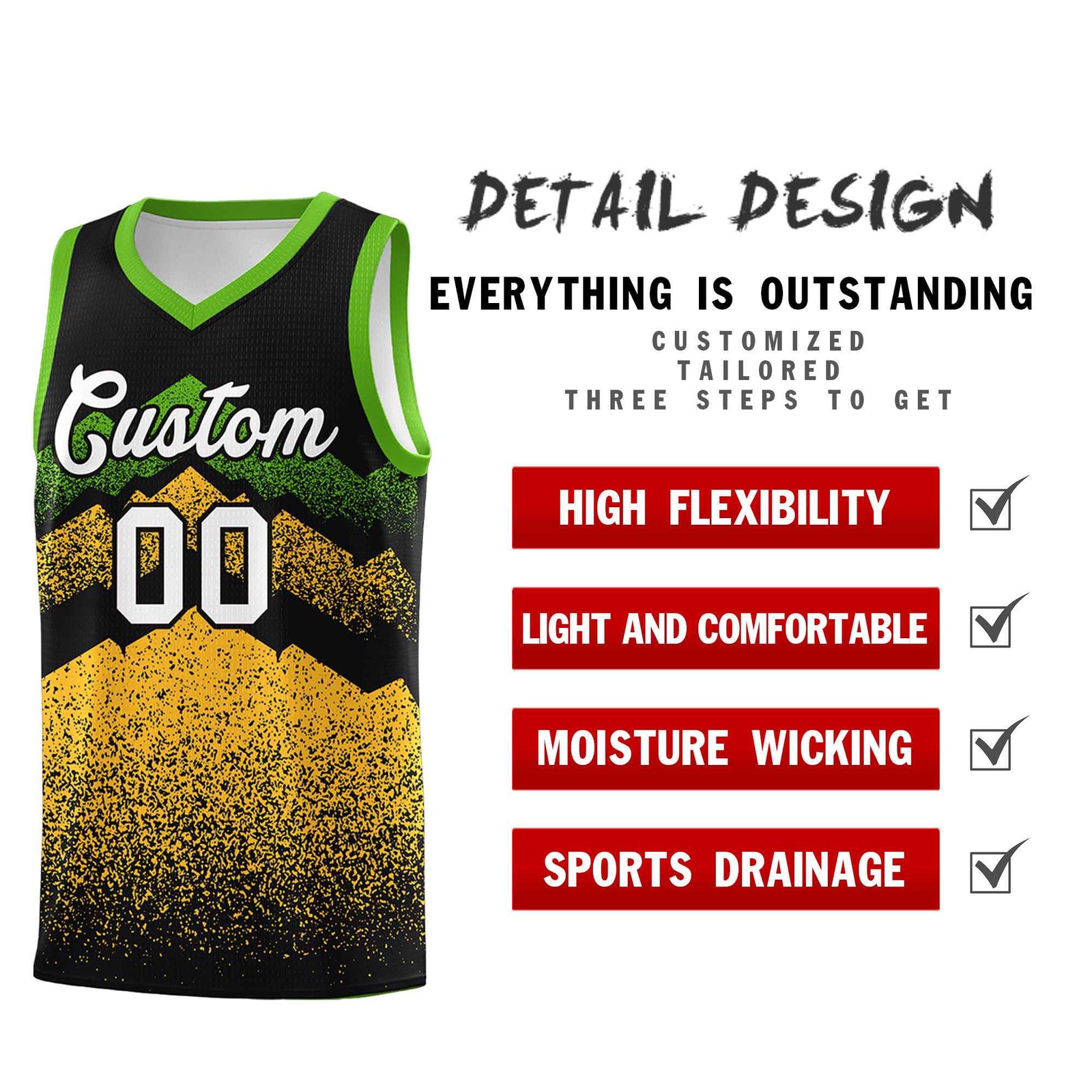 Personalized Youth Basketball Jerseys Black Gold Gradient Mountain Design Uniforms