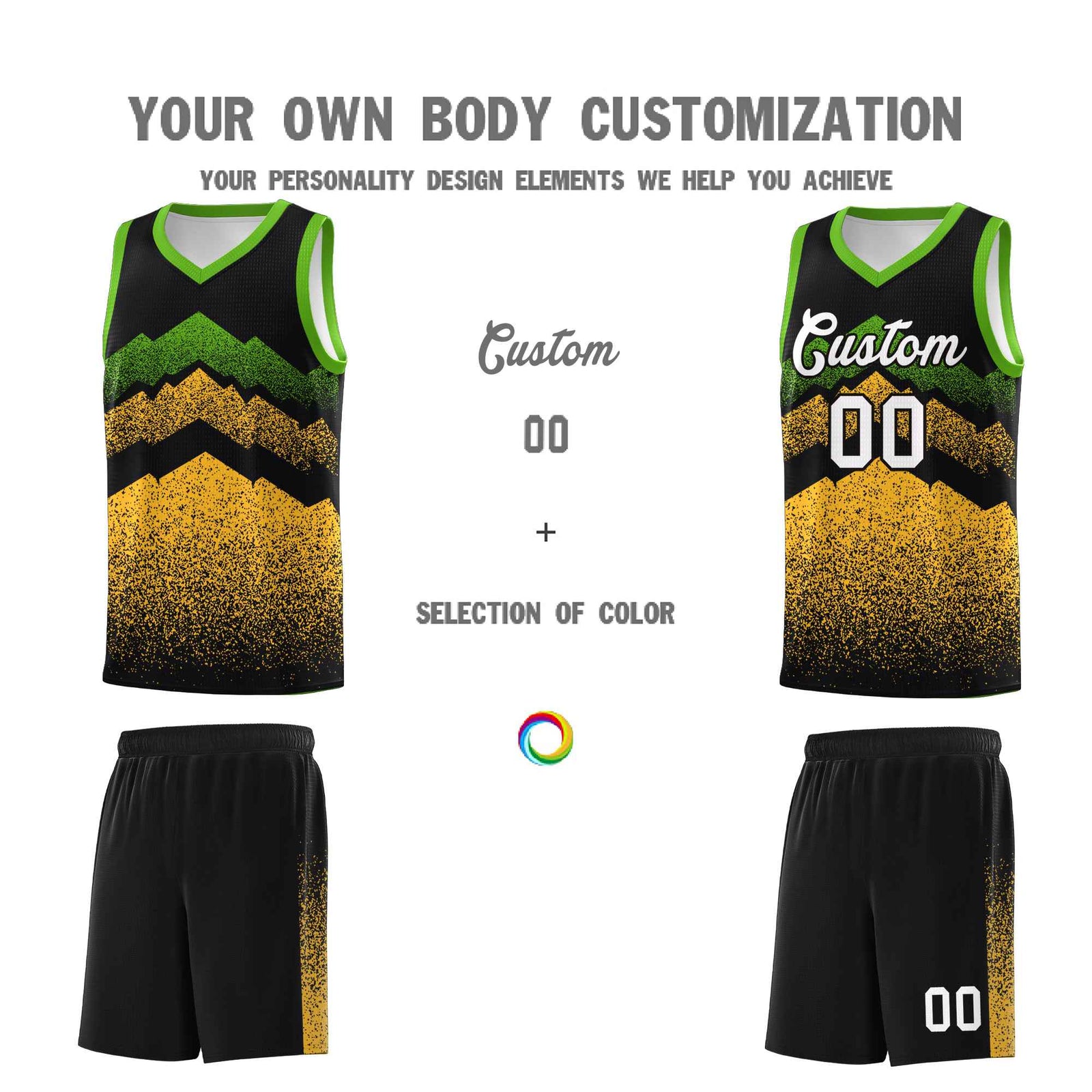 Personalized Youth Basketball Jerseys Black Gold Gradient Mountain Design Uniforms
