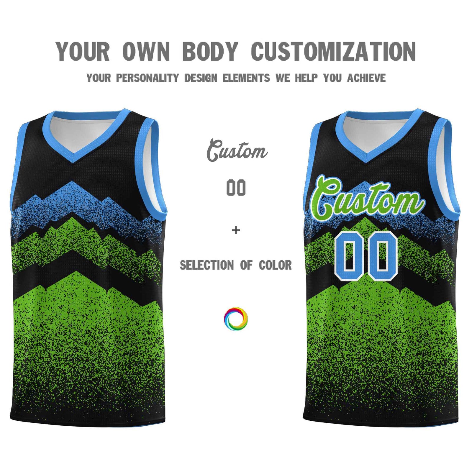 Personalized Youth Basketball Jerseys Black Green Gradient Mountain Design Uniforms
