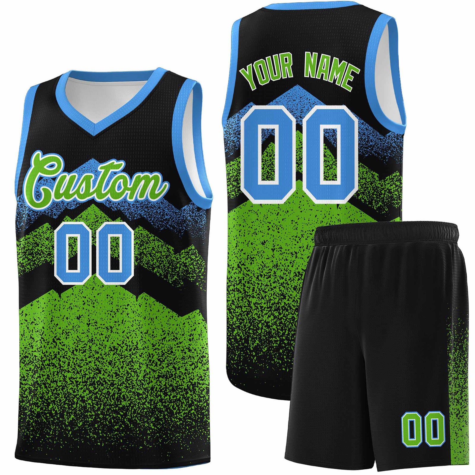Personalized Youth Basketball Jerseys Black Green Gradient Mountain Design Uniforms