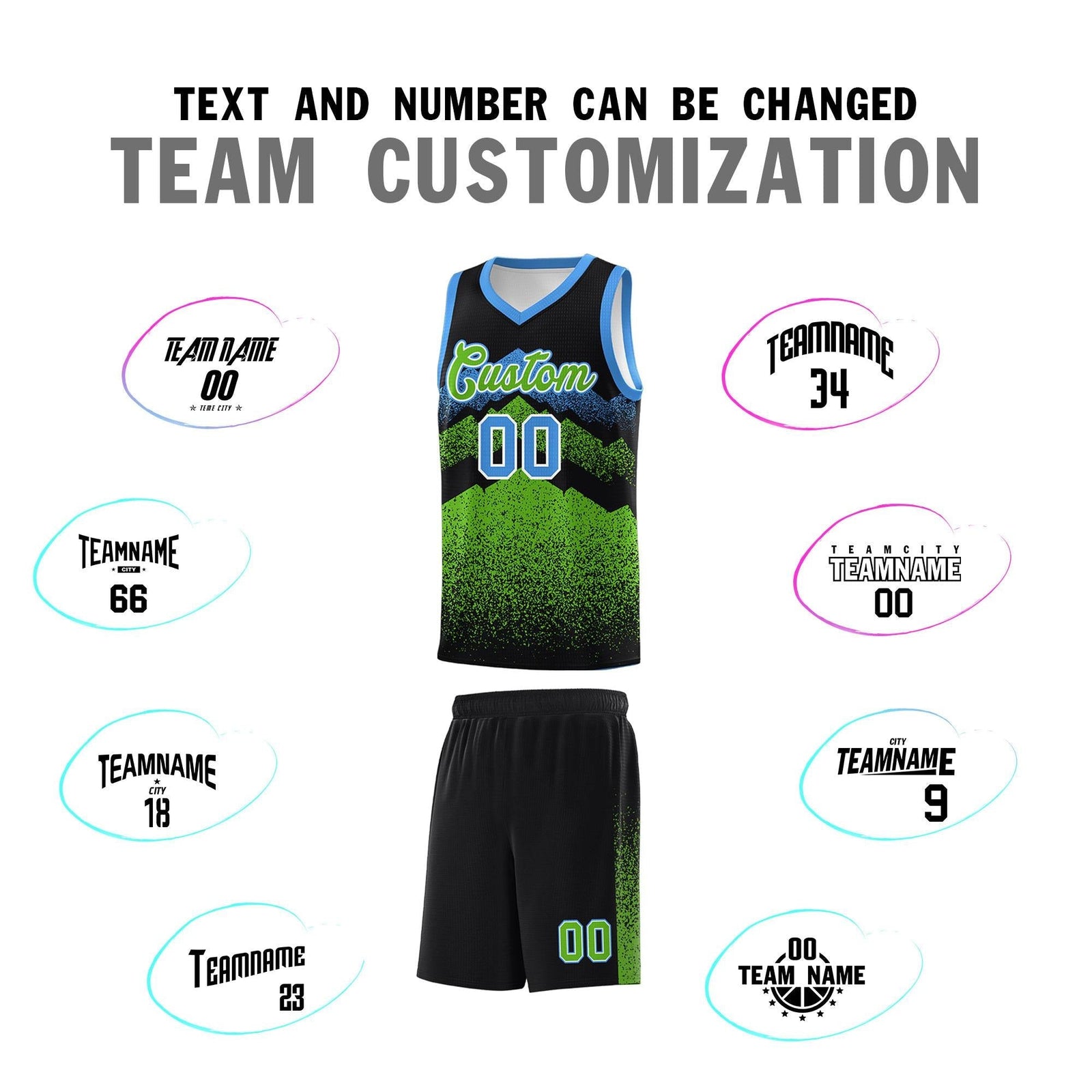 Personalized Youth Basketball Jerseys Black Green Gradient Mountain Design Uniforms
