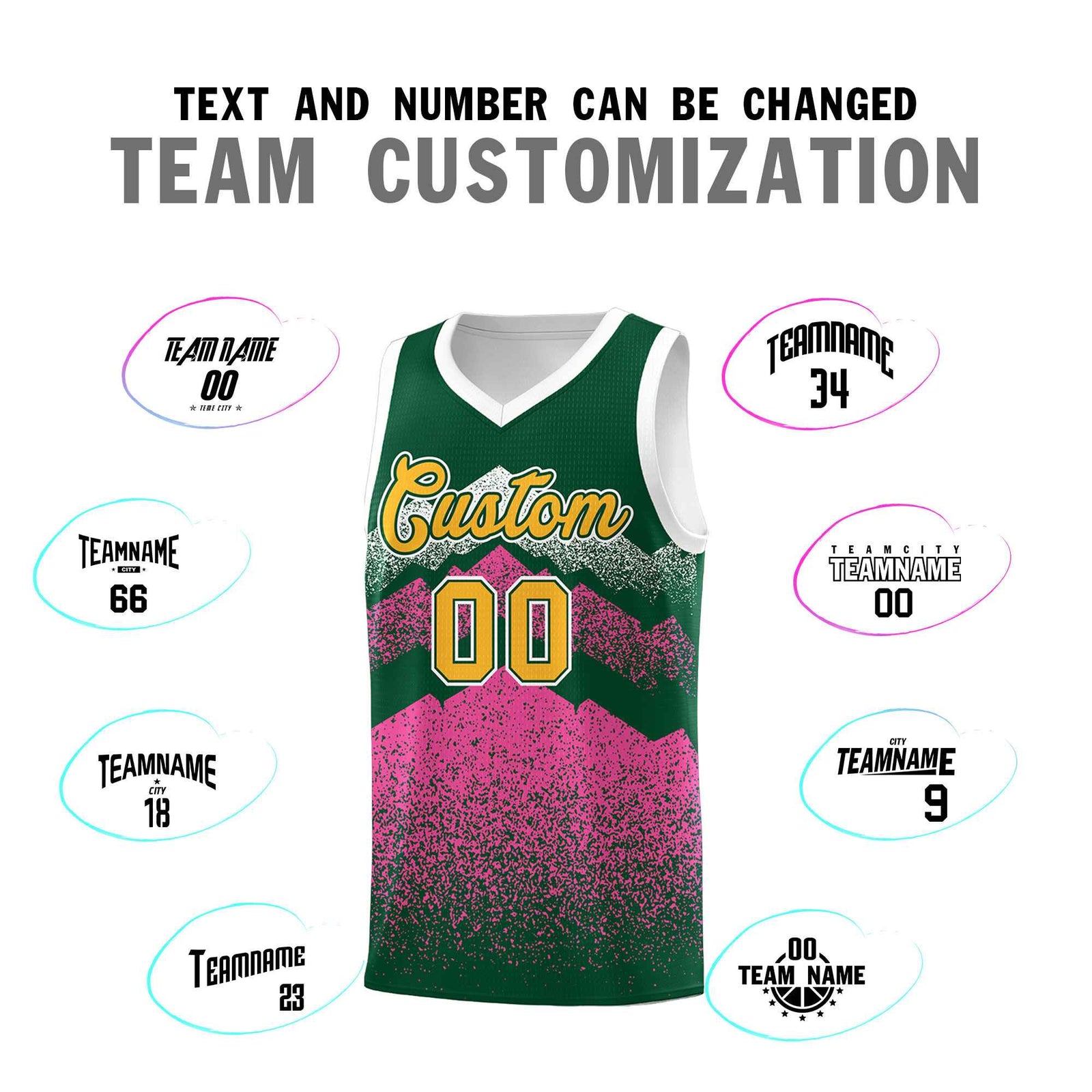 Custom Youth Basketball Jerseys Green Pink Gradient Mountain Design Uniforms