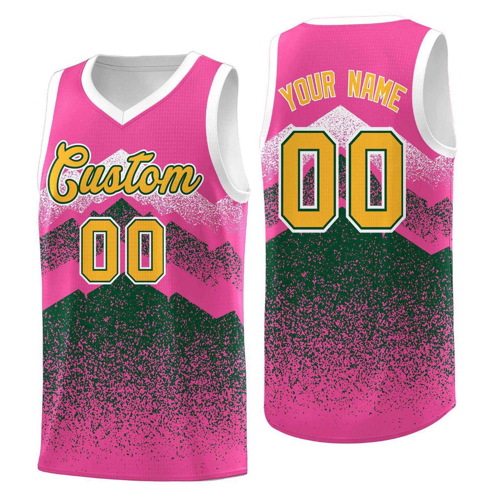 Personalized Youth Basketball Jerseys Pink Green Gradient Mountain Design Uniforms
