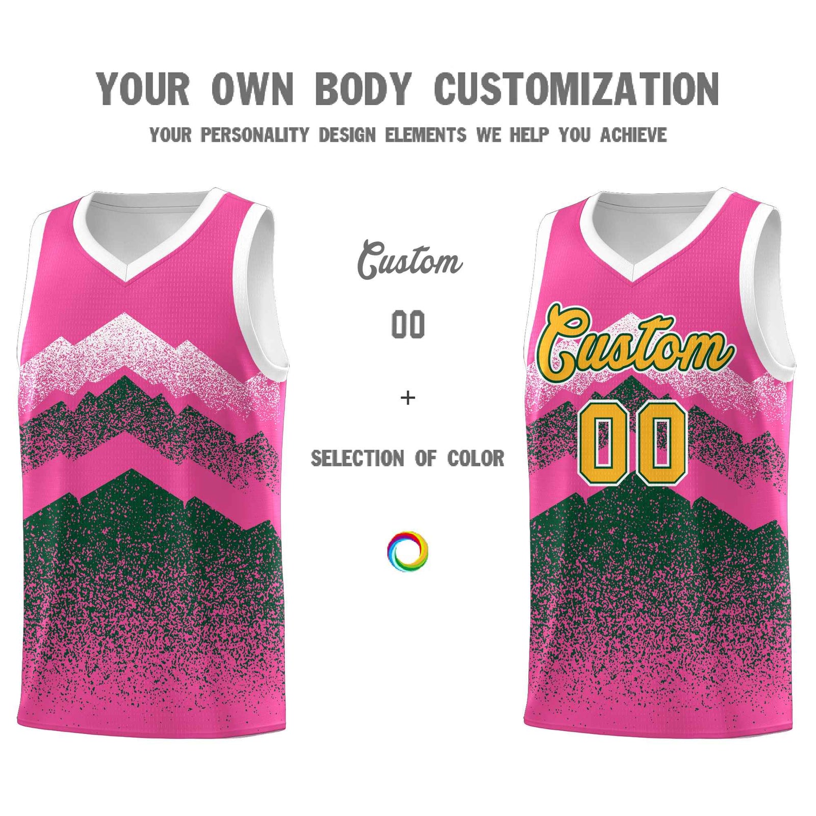 Personalized Youth Basketball Jerseys Pink Green Gradient Mountain Design Uniforms