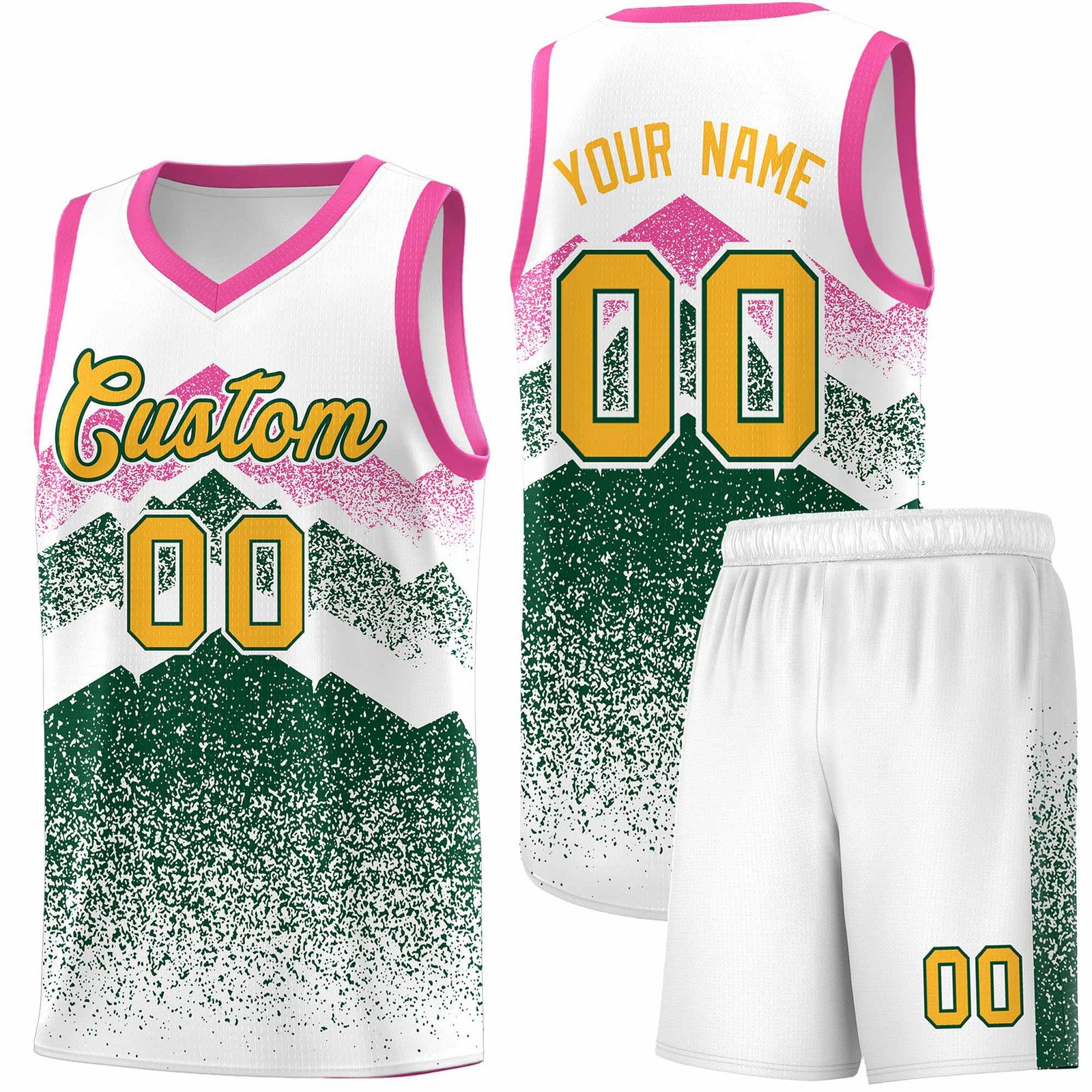 Custom Youth Basketball Jerseys White Green Gradient Mountain Design Uniforms