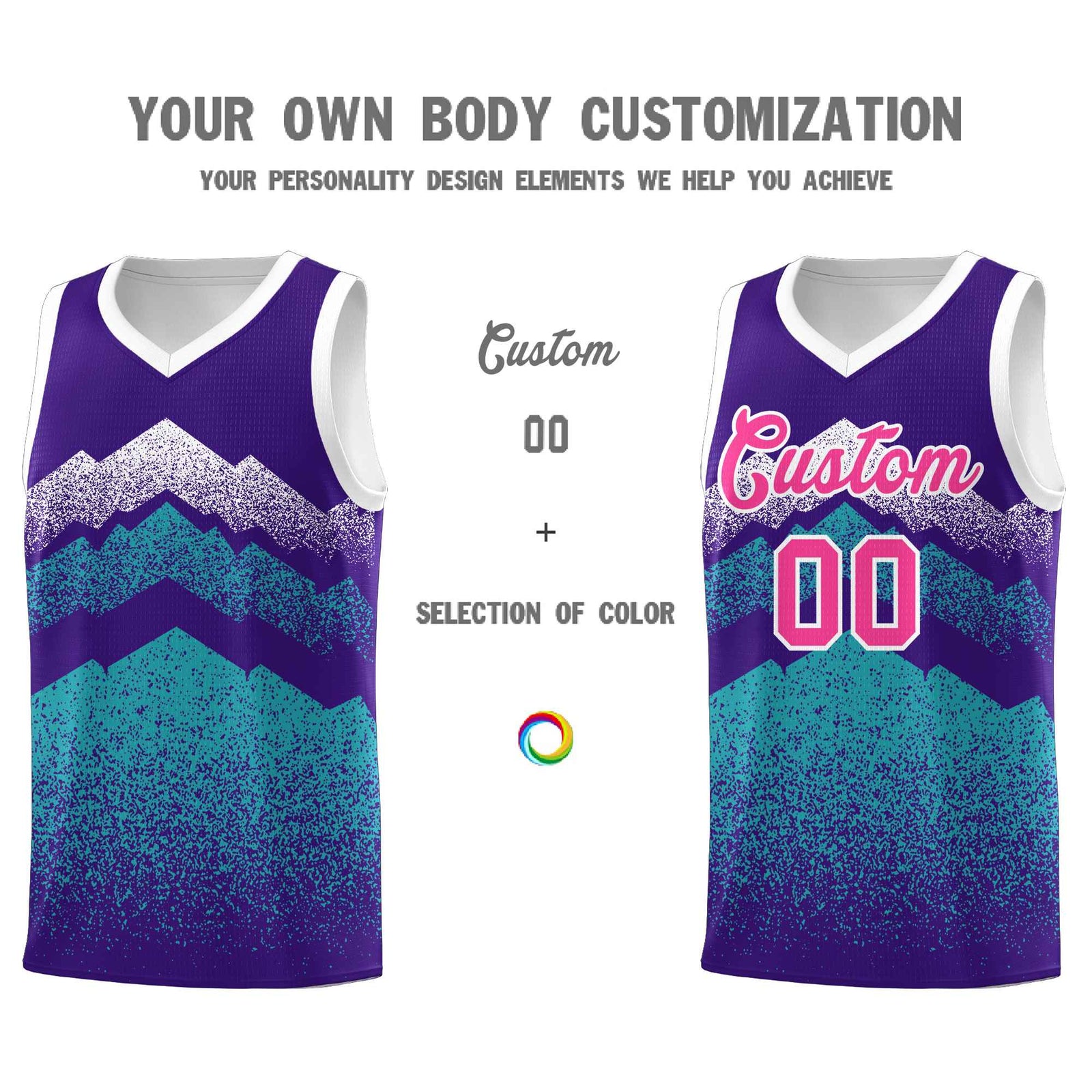 Personalized Youth Basketball Jerseys Purple Aqua Gradient Mountain Design Uniforms