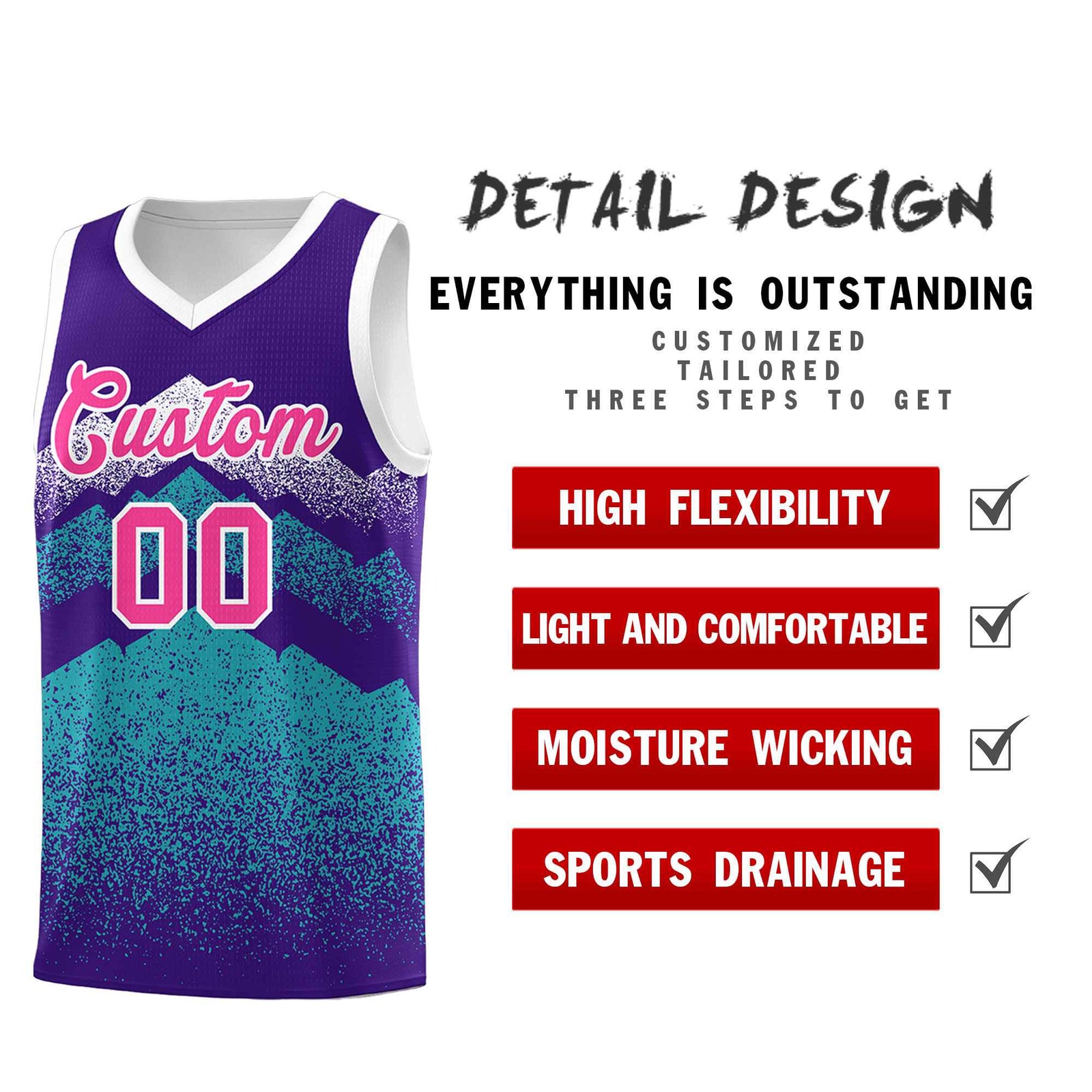 Personalized Youth Basketball Jerseys Purple Aqua Gradient Mountain Design Uniforms