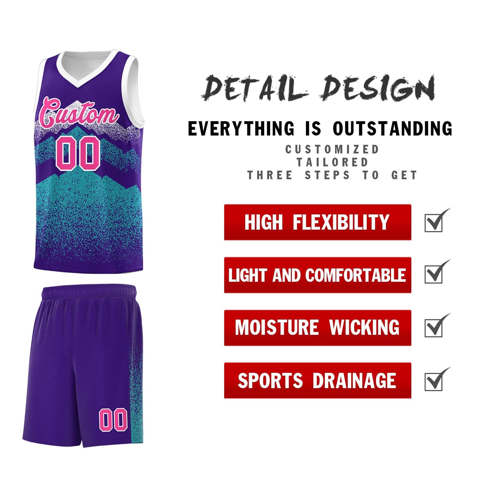 Personalized Youth Basketball Jerseys Purple Aqua Gradient Mountain Design Uniforms