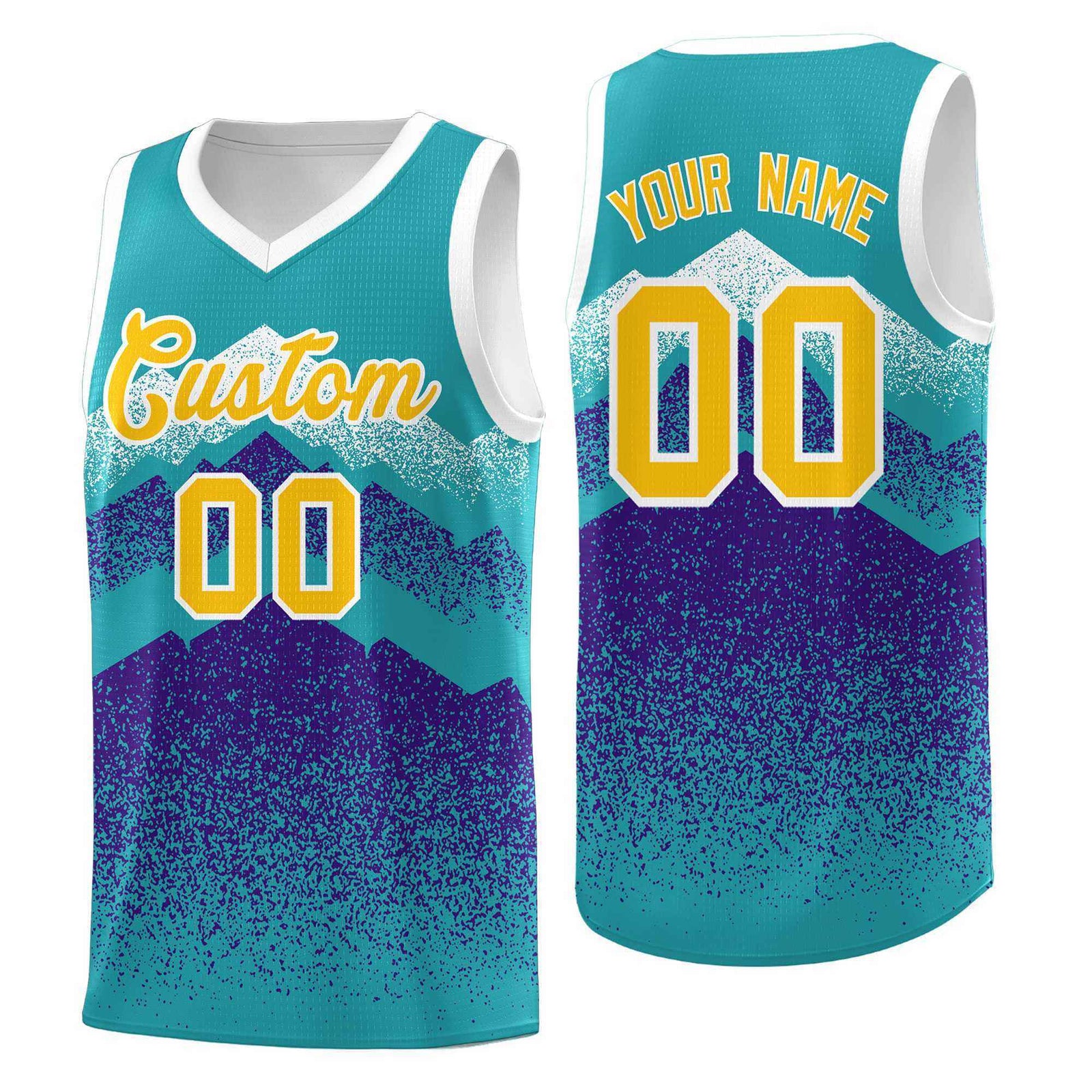 Personalized Youth Basketball Jerseys Aqua Purple Gradient Mountain Design Uniforms
