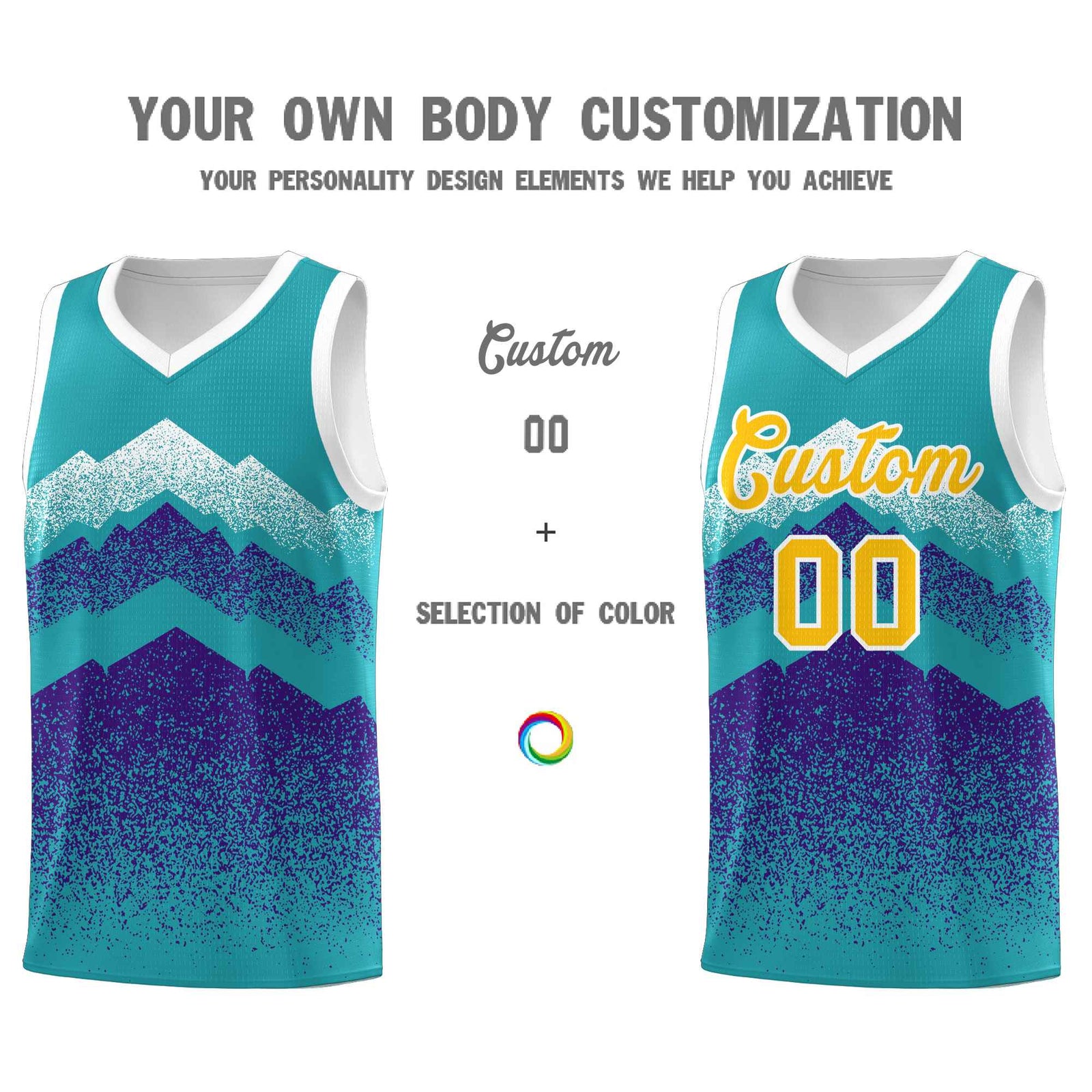 Personalized Youth Basketball Jerseys Aqua Purple Gradient Mountain Design Uniforms