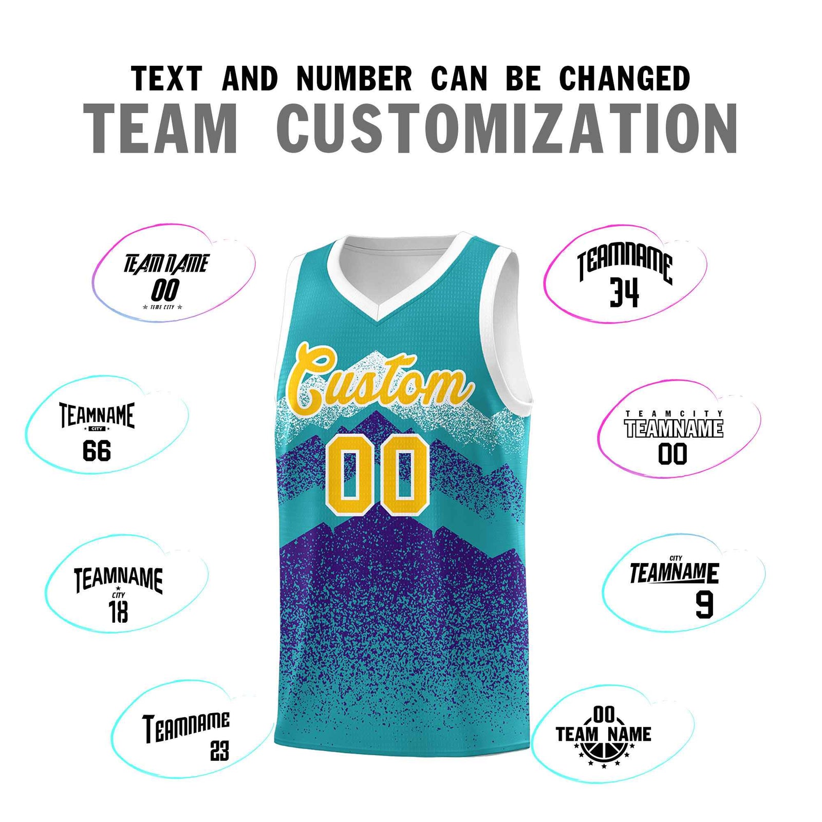 Personalized Youth Basketball Jerseys Aqua Purple Gradient Mountain Design Uniforms