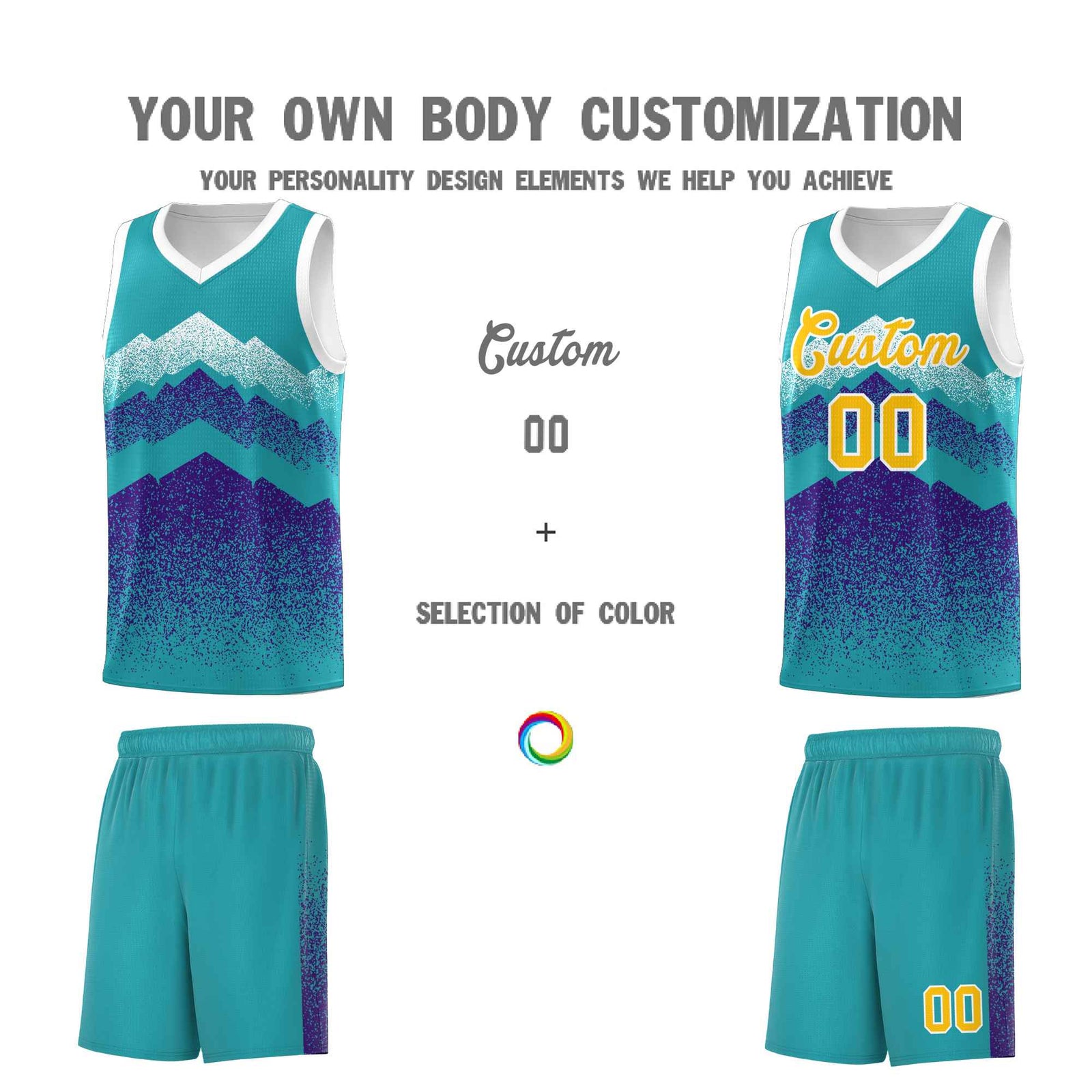 Personalized Youth Basketball Jerseys Aqua Purple Gradient Mountain Design Uniforms