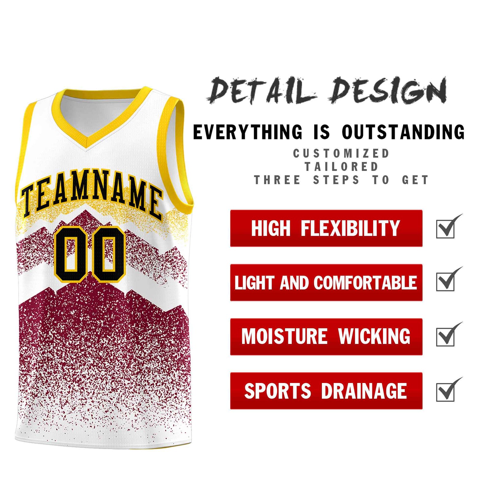 Personalized Youth Basketball Jerseys White Crimson Gradient Mountain Design Uniforms