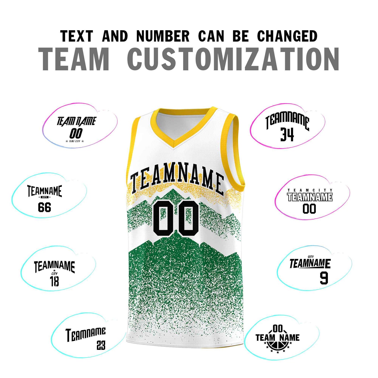 Personalized Youth Basketball Jerseys White Kelly Green Gradient Mountain Design Uniforms
