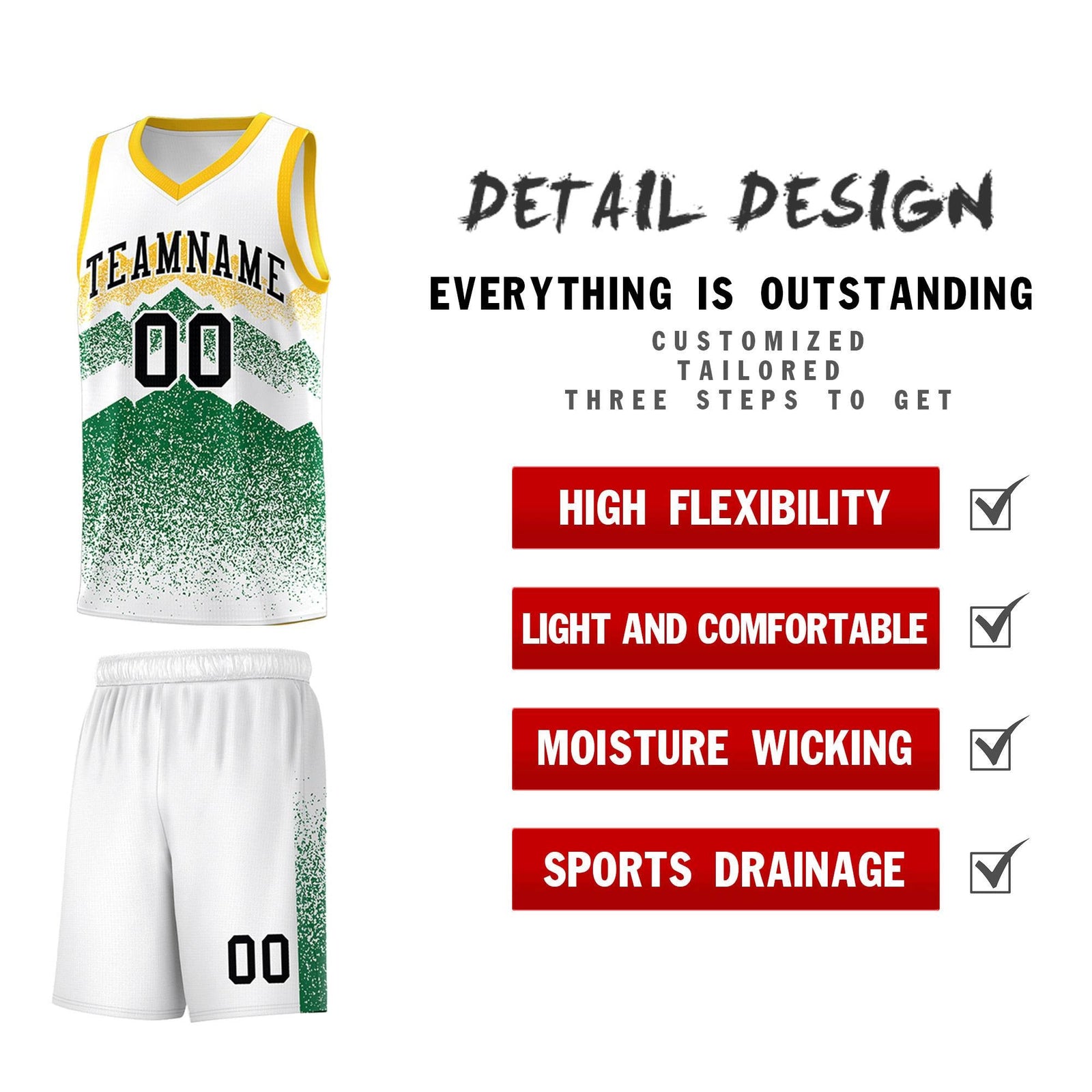 Personalized Youth Basketball Jerseys White Kelly Green Gradient Mountain Design Uniforms