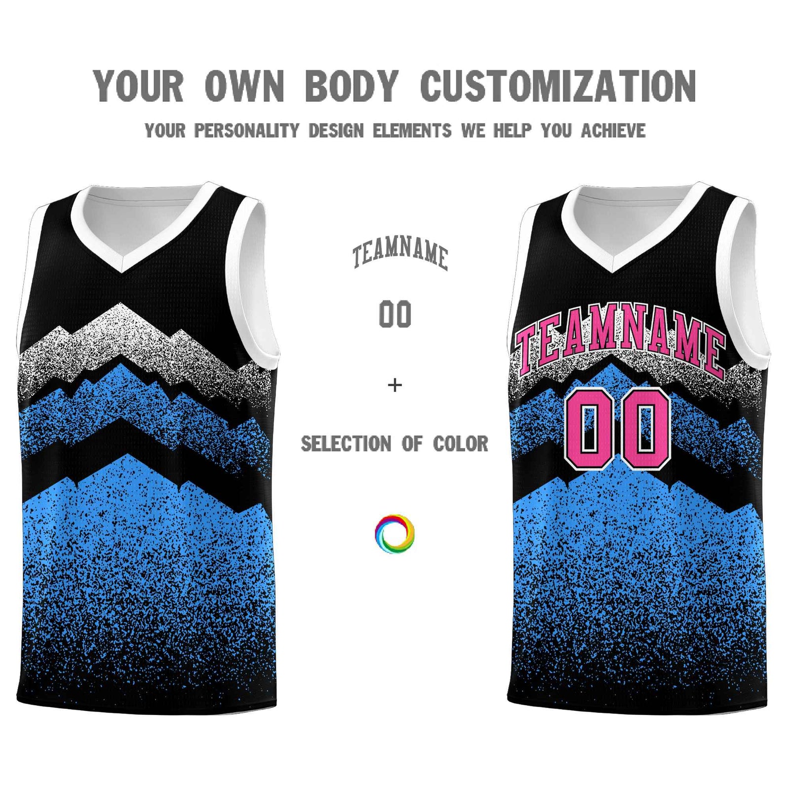 Personalized Youth Basketball Jerseys Black Powder Blue Gradient Mountain Design Uniforms