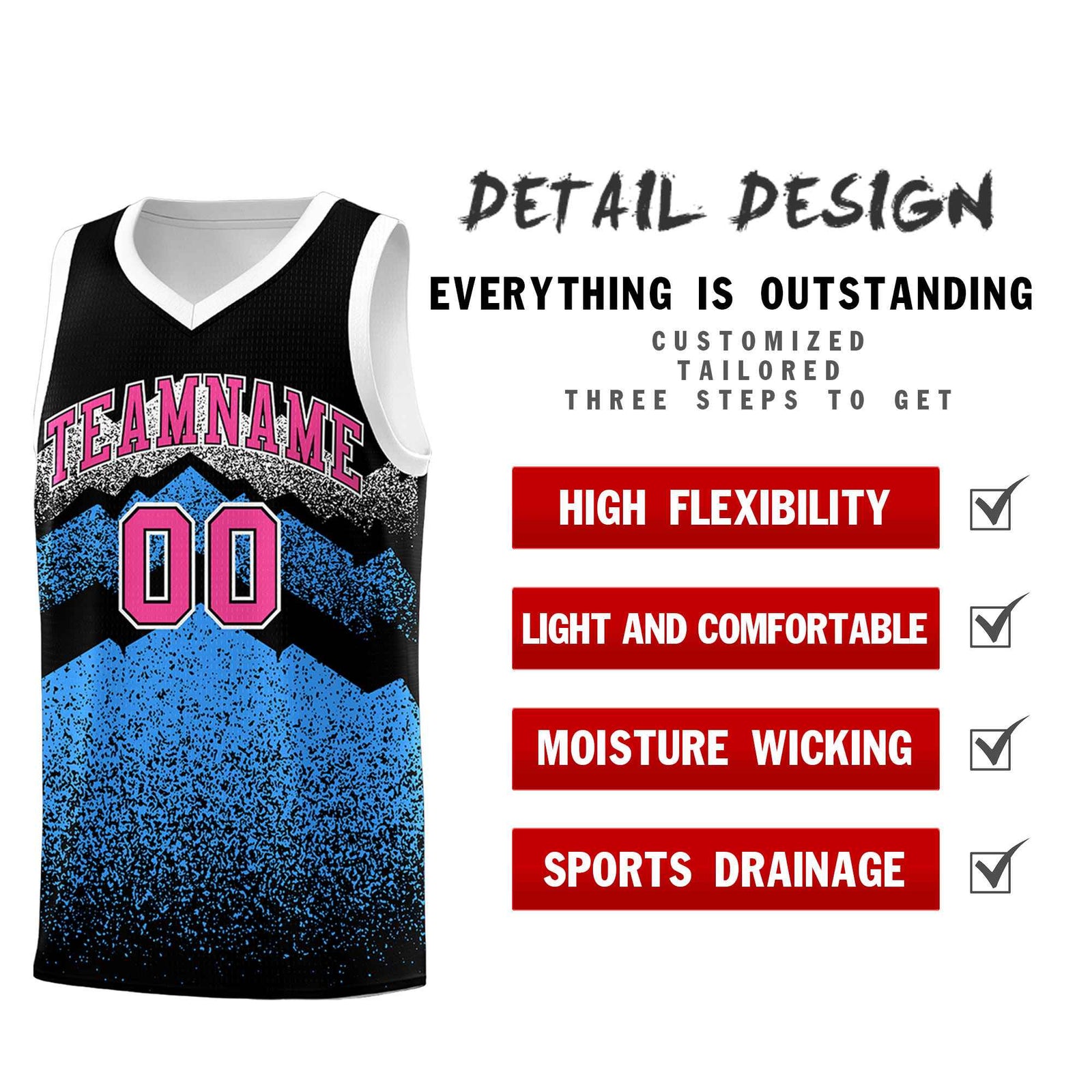 Personalized Youth Basketball Jerseys Black Powder Blue Gradient Mountain Design Uniforms