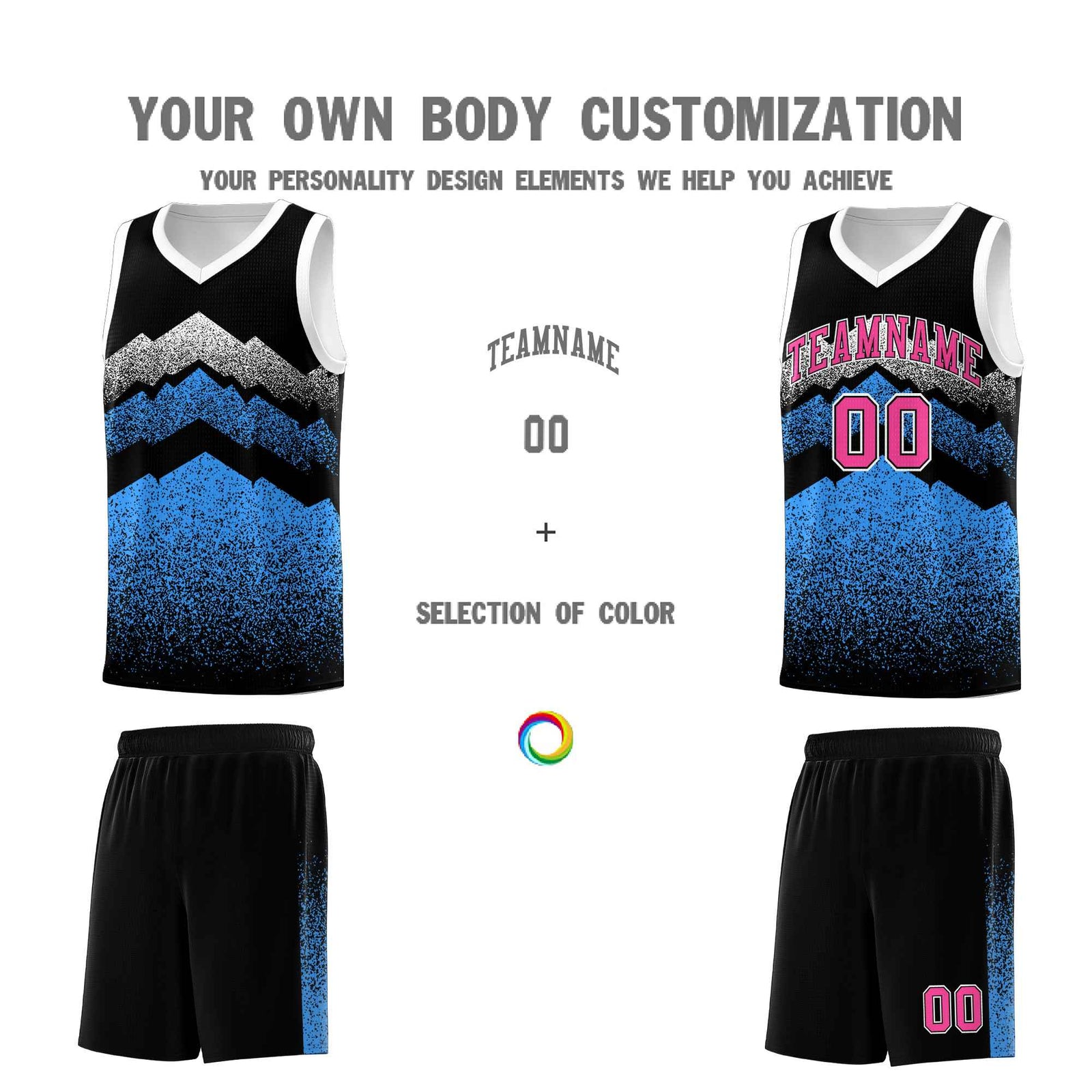 Personalized Youth Basketball Jerseys Black Powder Blue Gradient Mountain Design Uniforms