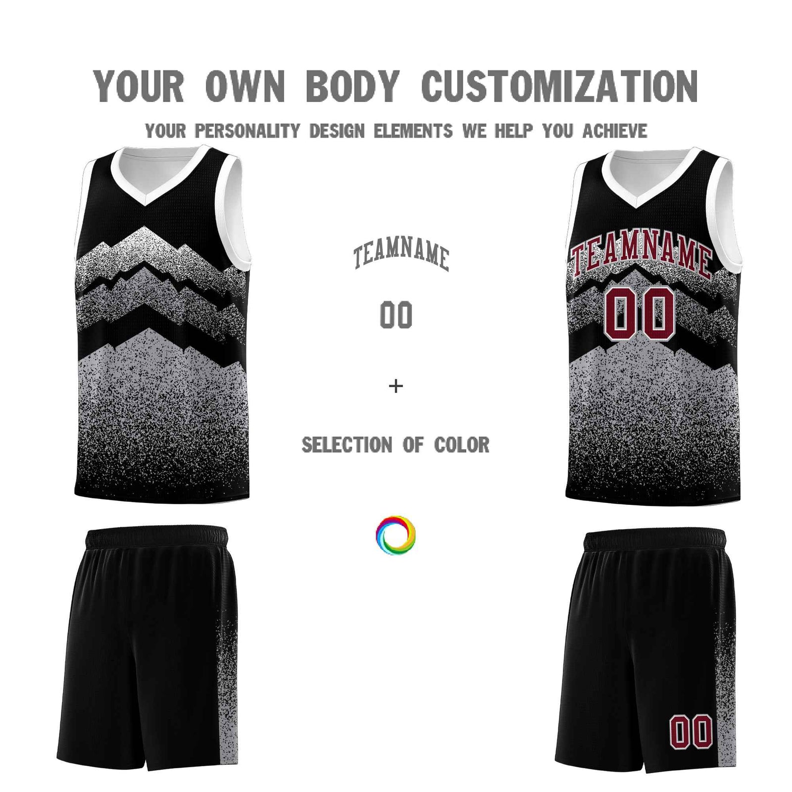 Personalized Youth Basketball Jerseys Black Gray Gradient Mountain Design Uniforms