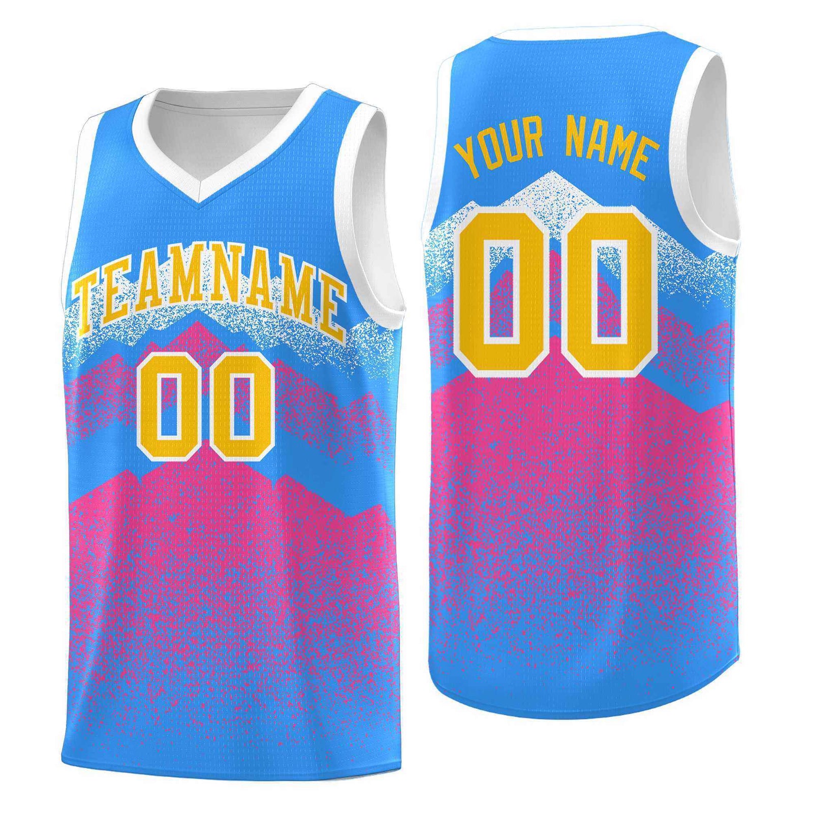 Custom Youth Basketball Jerseys Powder Blue Pink Gradient Mountain Design Uniforms