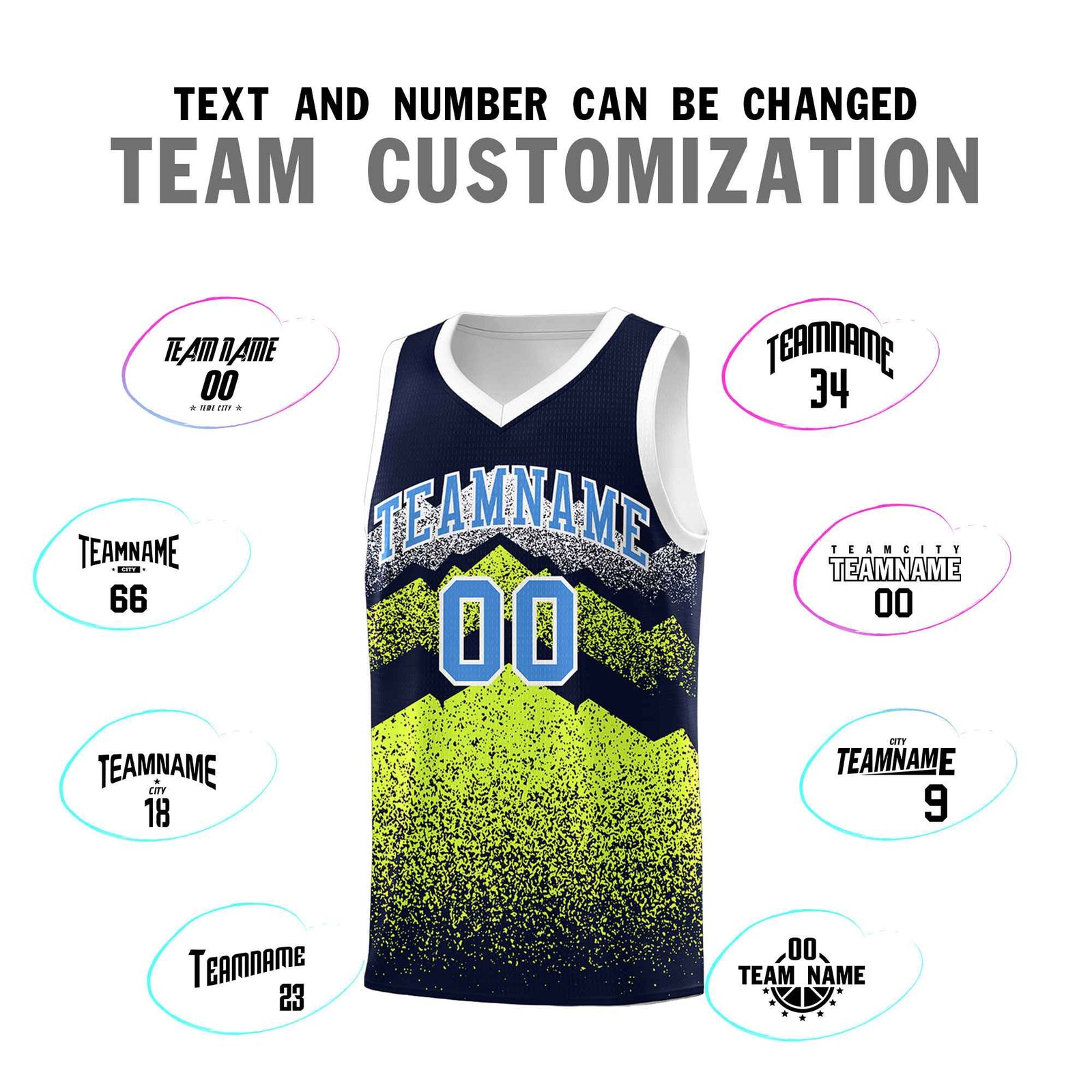 Personalized Youth Basketball Jerseys Navy Neon Green Gradient Mountain Design Uniforms