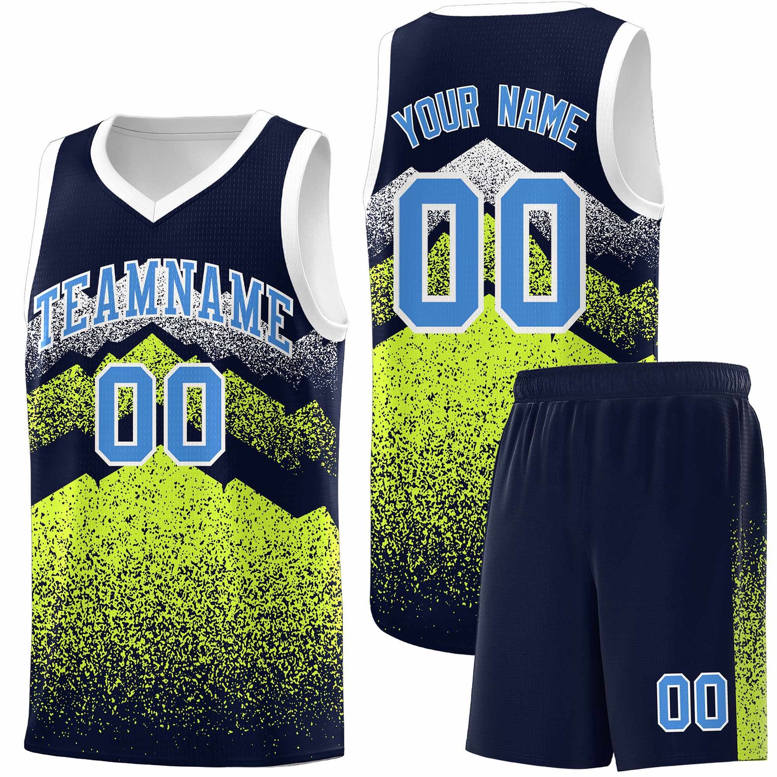 Personalized Youth Basketball Jerseys Navy Neon Green Gradient Mountain Design Uniforms