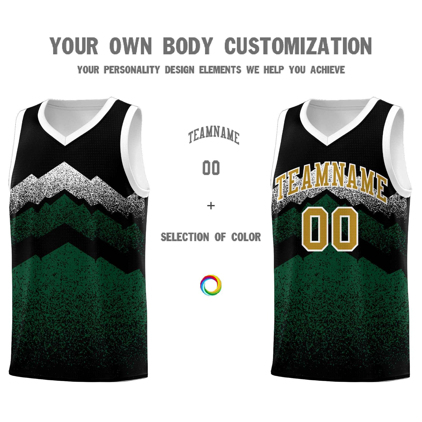 Personalized Youth Basketball Jerseys Black Green Gradient Mountain Design Uniforms