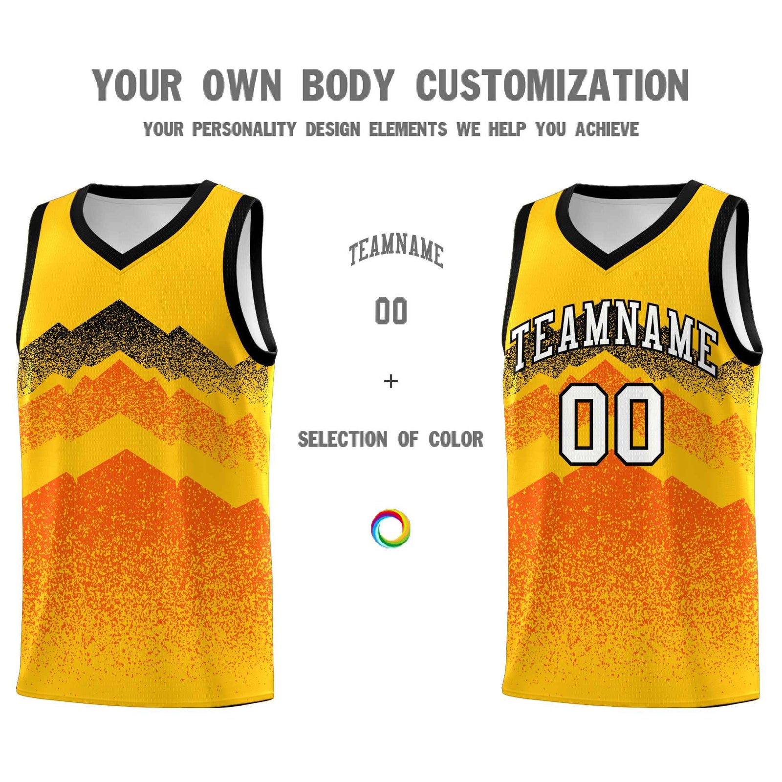 Personalized Youth Basketball Jerseys Yellow Orange Gradient Mountain Design Uniforms