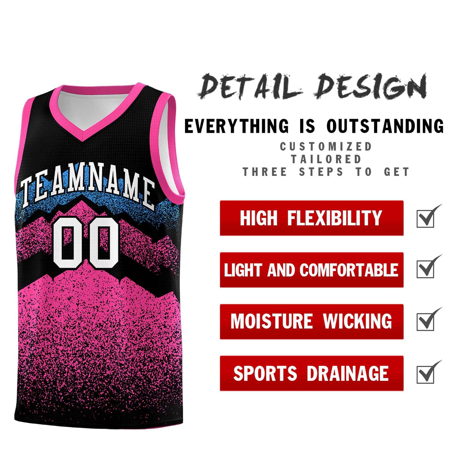 Personalized Youth Basketball Jerseys Black Pink Gradient Mountain Design Uniforms