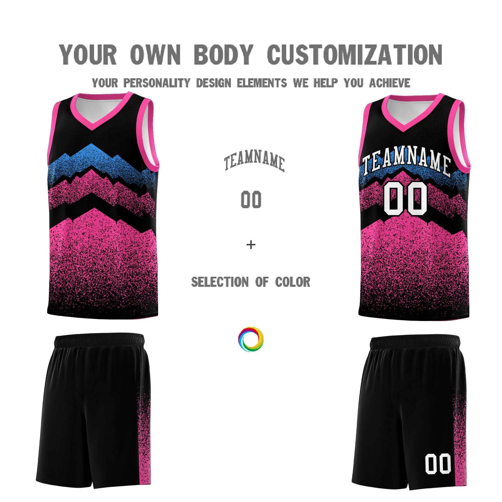 Personalized Youth Basketball Jerseys Black Pink Gradient Mountain Design Uniforms