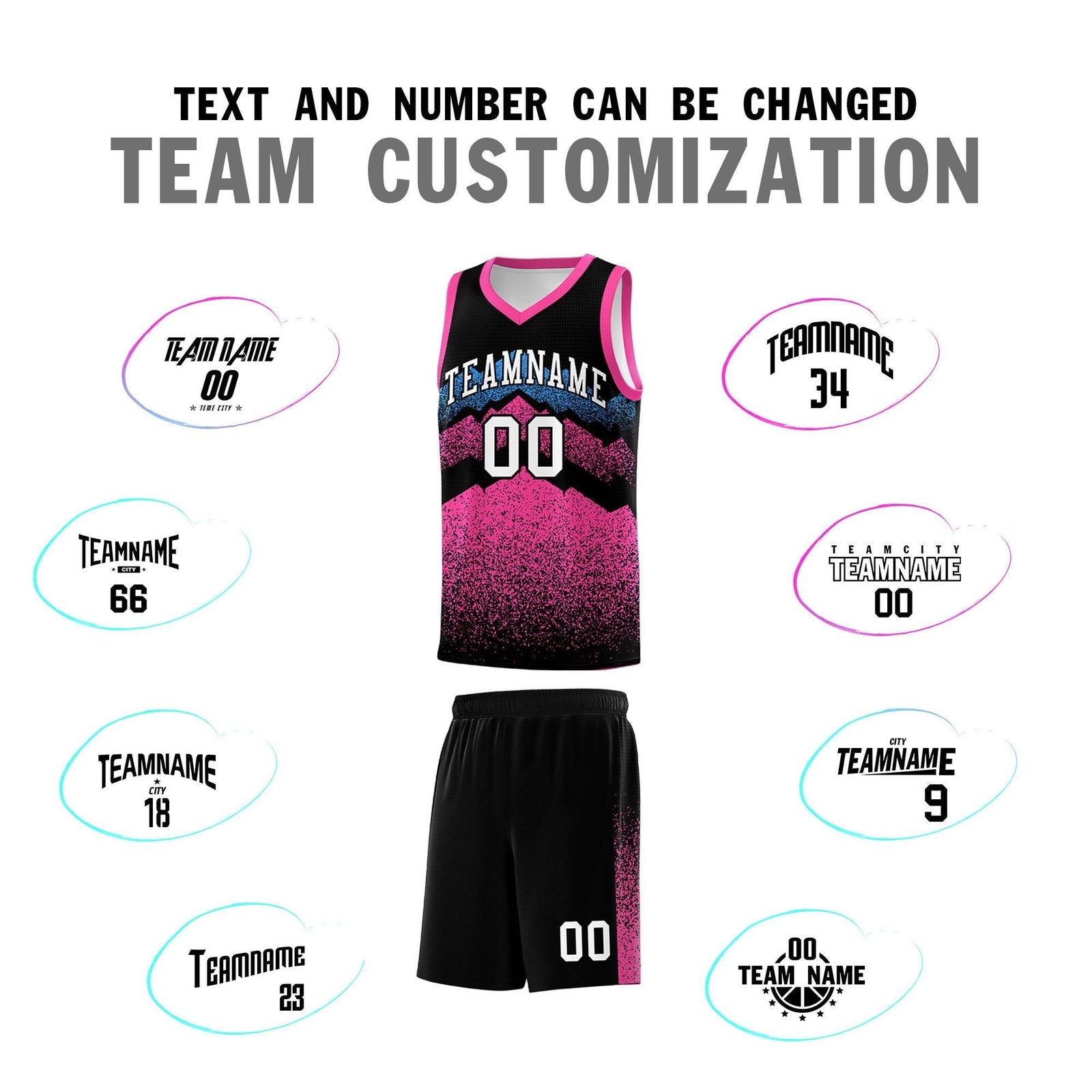 Personalized Youth Basketball Jerseys Black Pink Gradient Mountain Design Uniforms