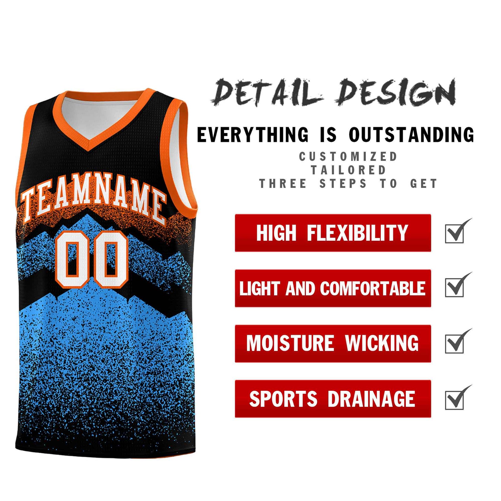 Personalized Youth Basketball Jerseys Black Powder Blue Gradient Mountain Design Uniforms