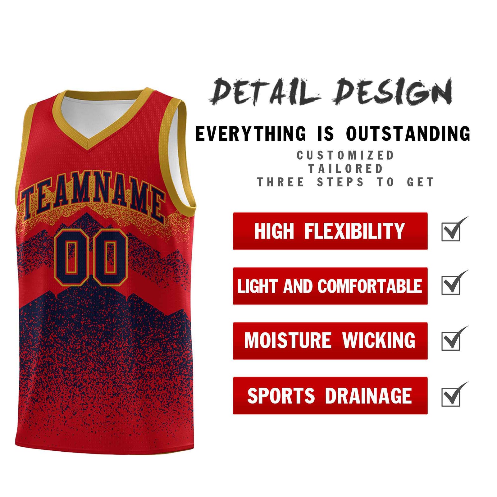 Personalized Youth Basketball Jerseys Red Navy Gradient Mountain Design Uniforms