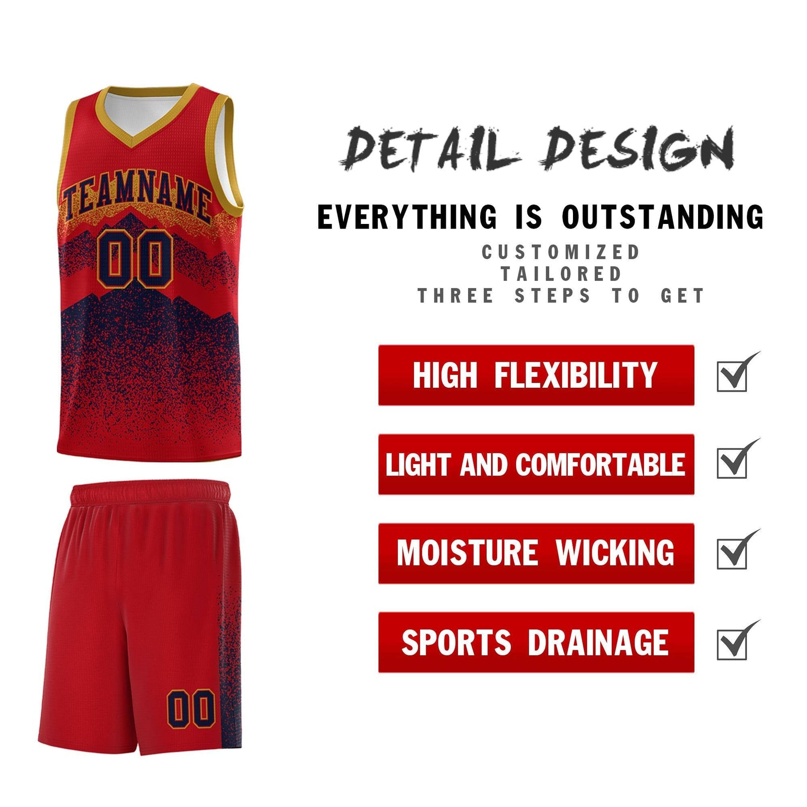 Personalized Youth Basketball Jerseys Red Navy Gradient Mountain Design Uniforms