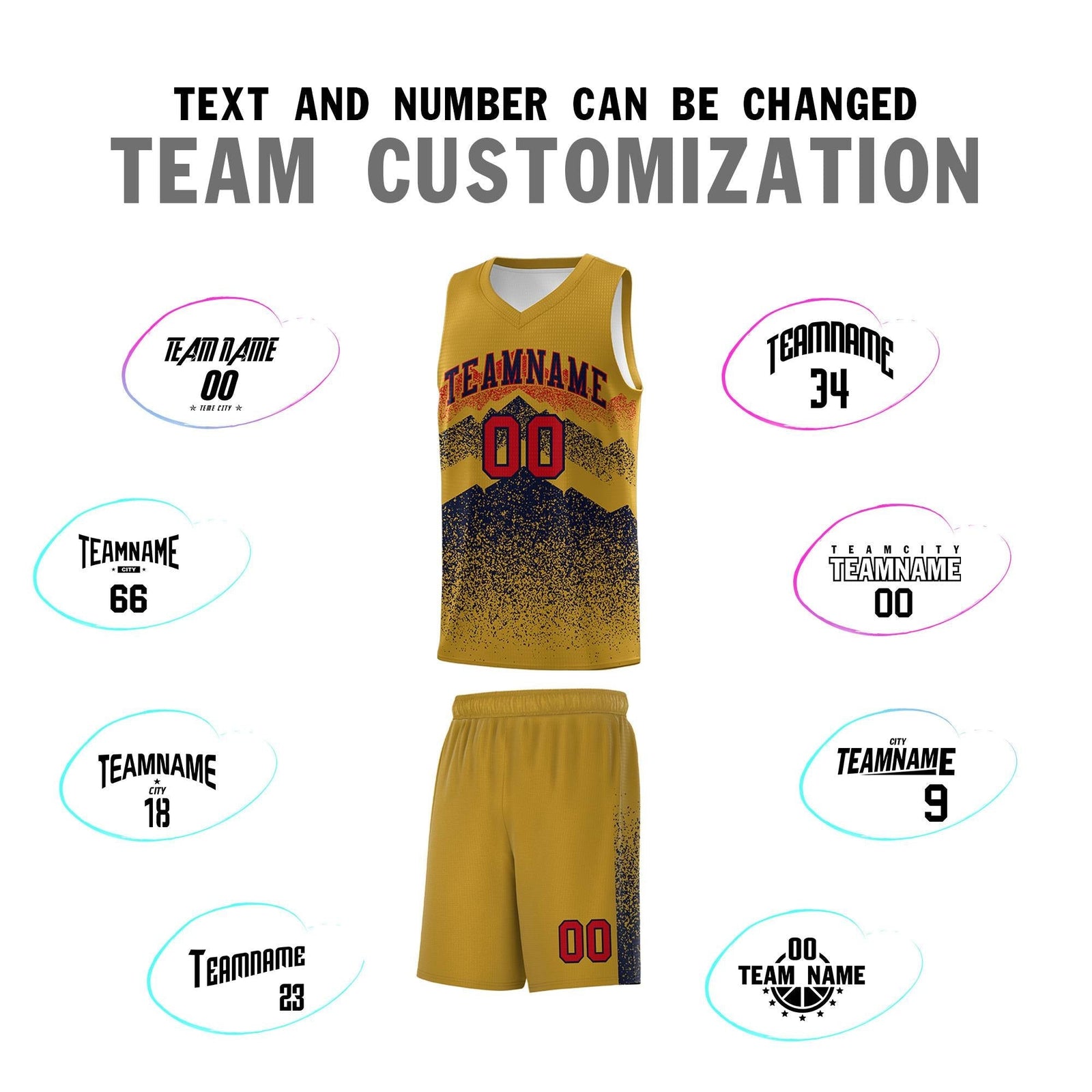 Personalized Youth Basketball Jerseys Old Gold Navy Gradient Mountain Design Uniforms