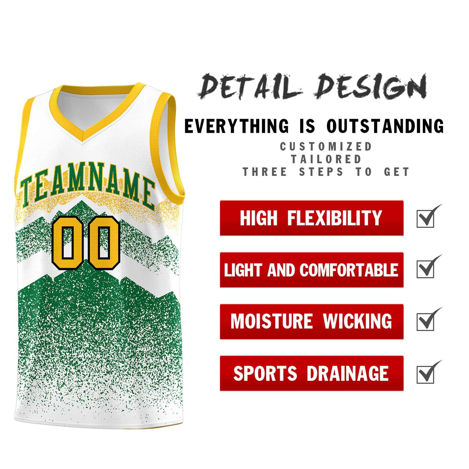 Personalized Youth Basketball Jerseys White Kelly Green Gradient Mountain Design Uniforms