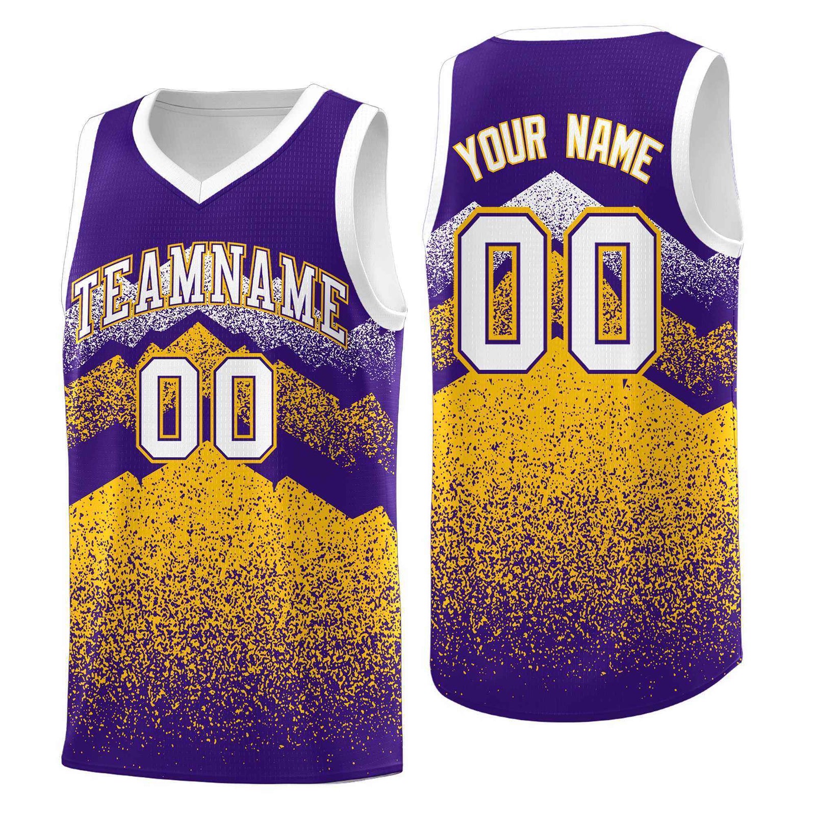 Personalized Youth Basketball Jerseys Purple Gold Gradient Mountain Design Uniforms