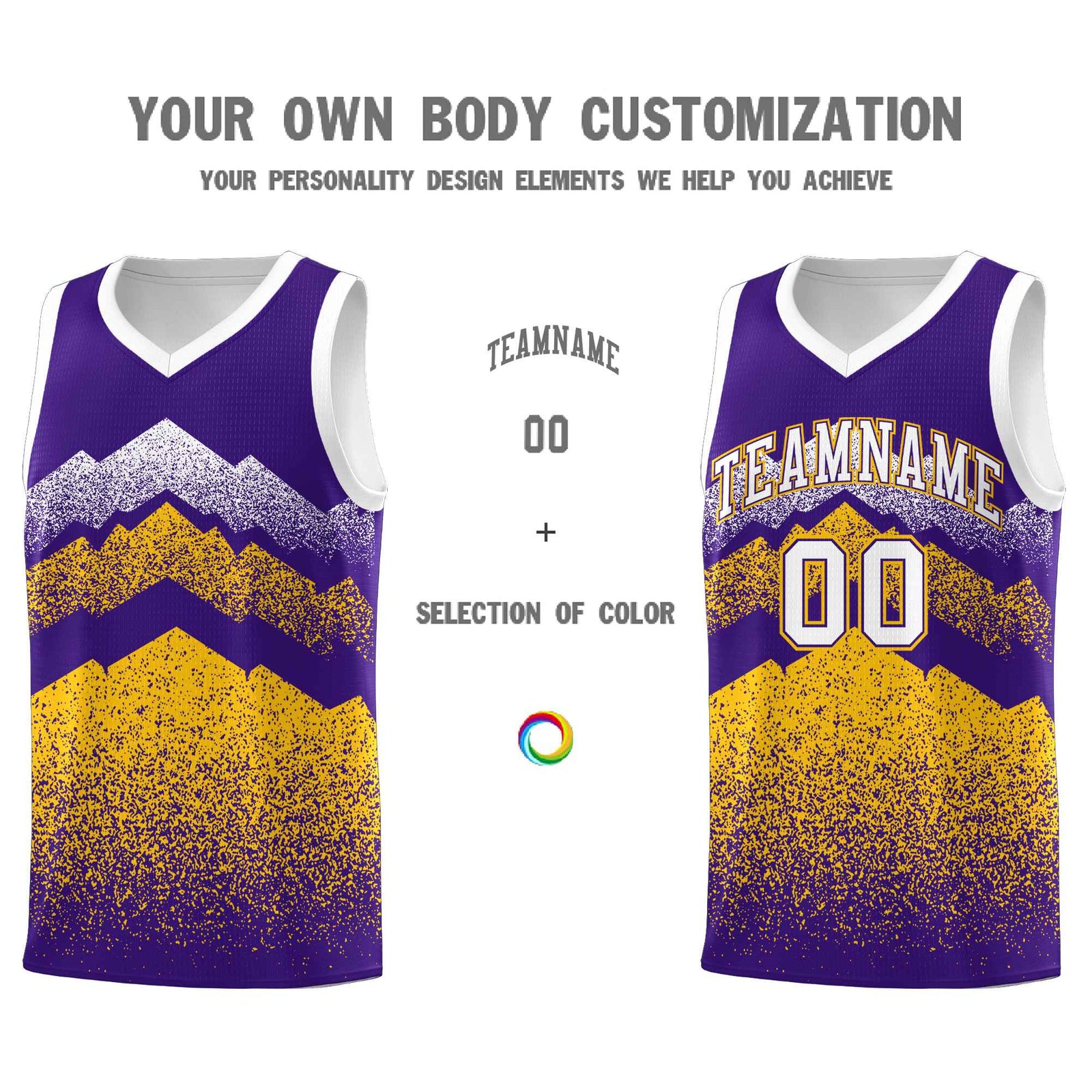 Personalized Youth Basketball Jerseys Purple Gold Gradient Mountain Design Uniforms