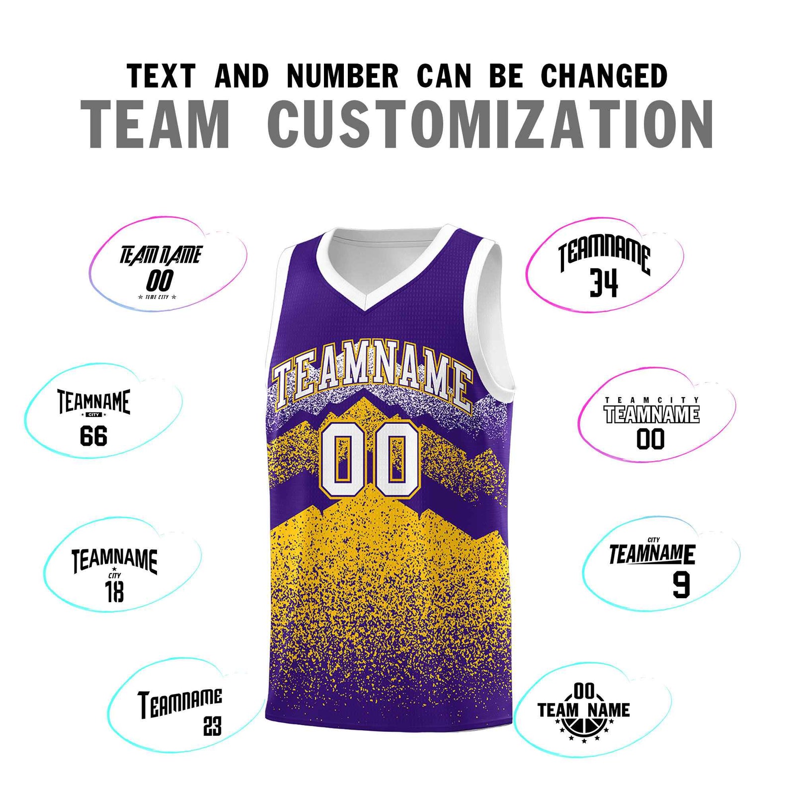 Personalized Youth Basketball Jerseys Purple Gold Gradient Mountain Design Uniforms